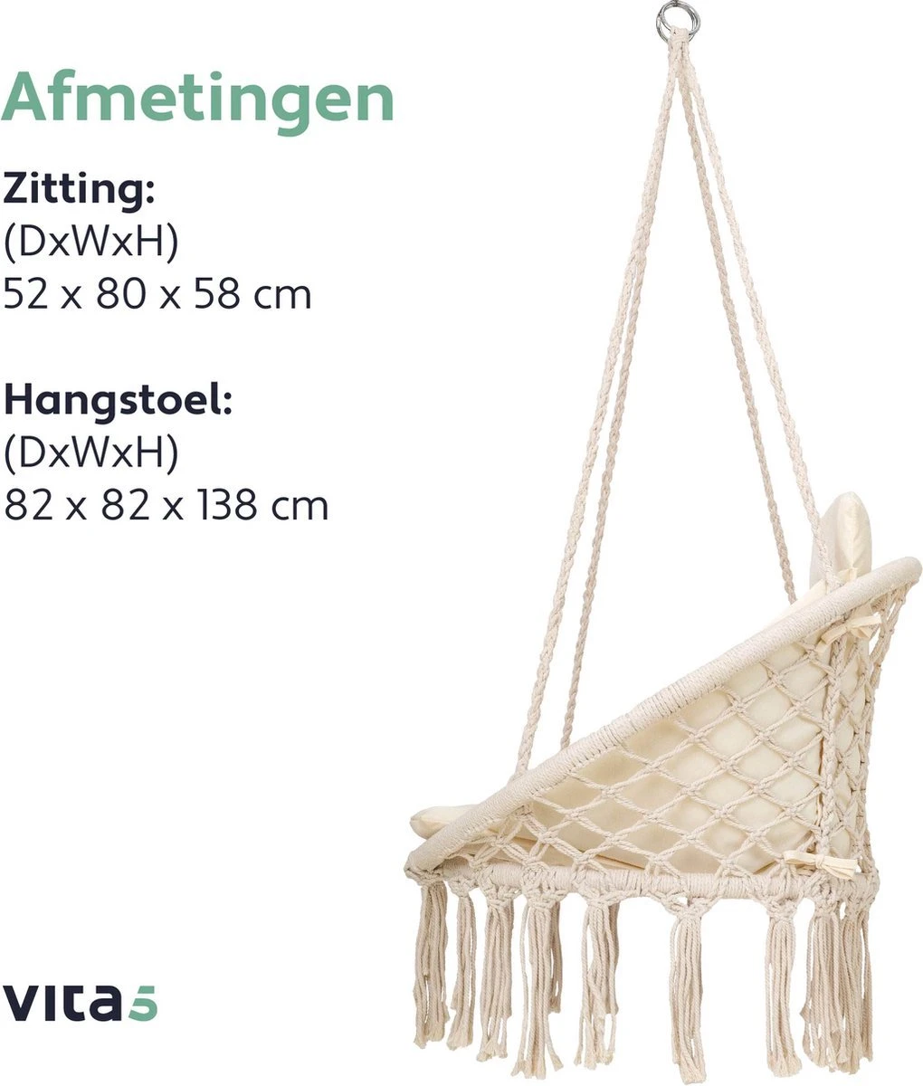 Vita5 Macramé Hangstoel - Voor Binnen En Buiten - Zonder Standaard - Incl. Kussen, Boekenvak En Beschermhoes - Tot 150kg - Beige - Image 9