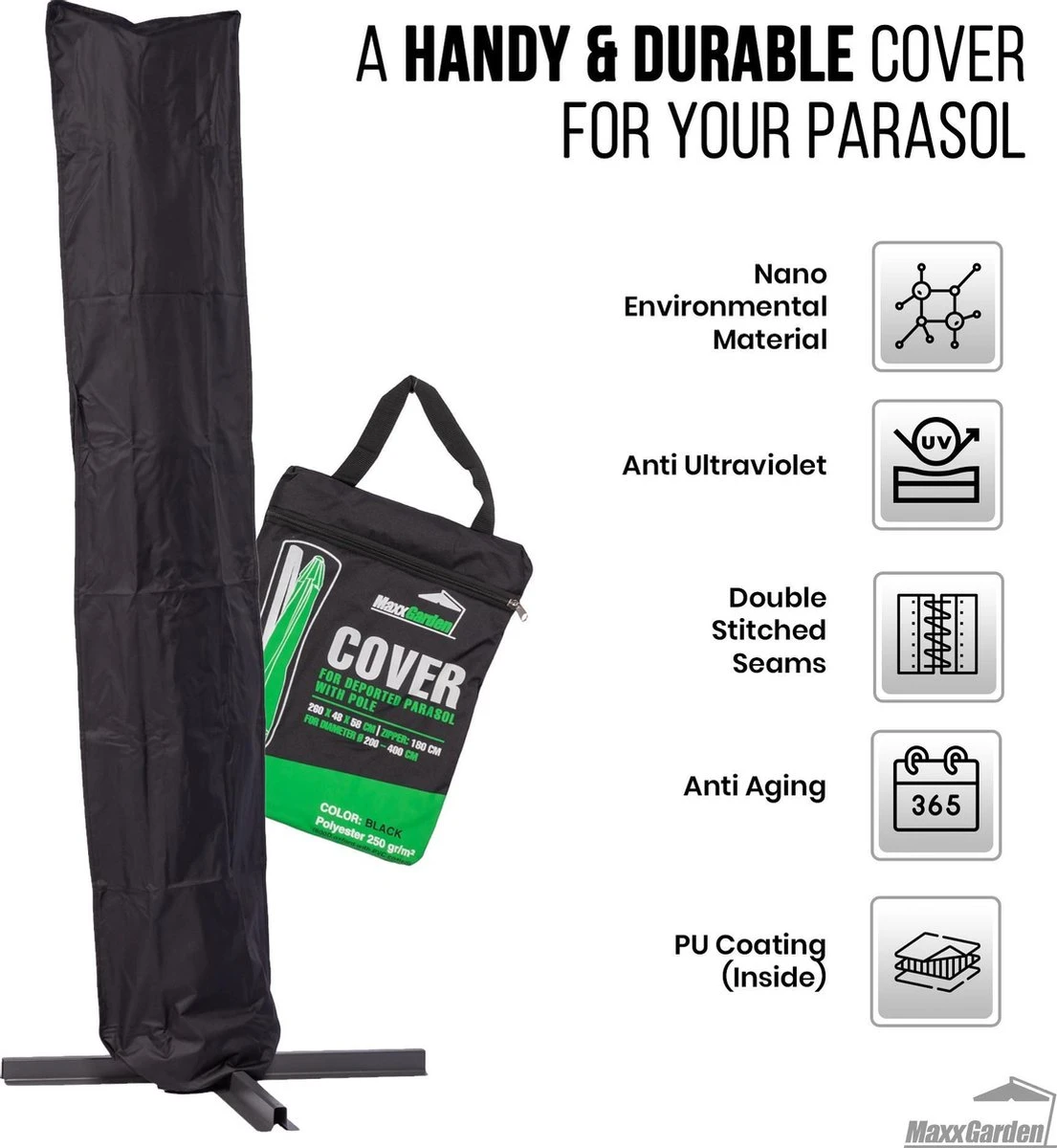 MaxxGarden Parasolhoes - Afdekhoes Voor Zweefparasol - Beschermhoes - 200-400 Cm - Met Rits En Trekkoord - Zwart - Image 6