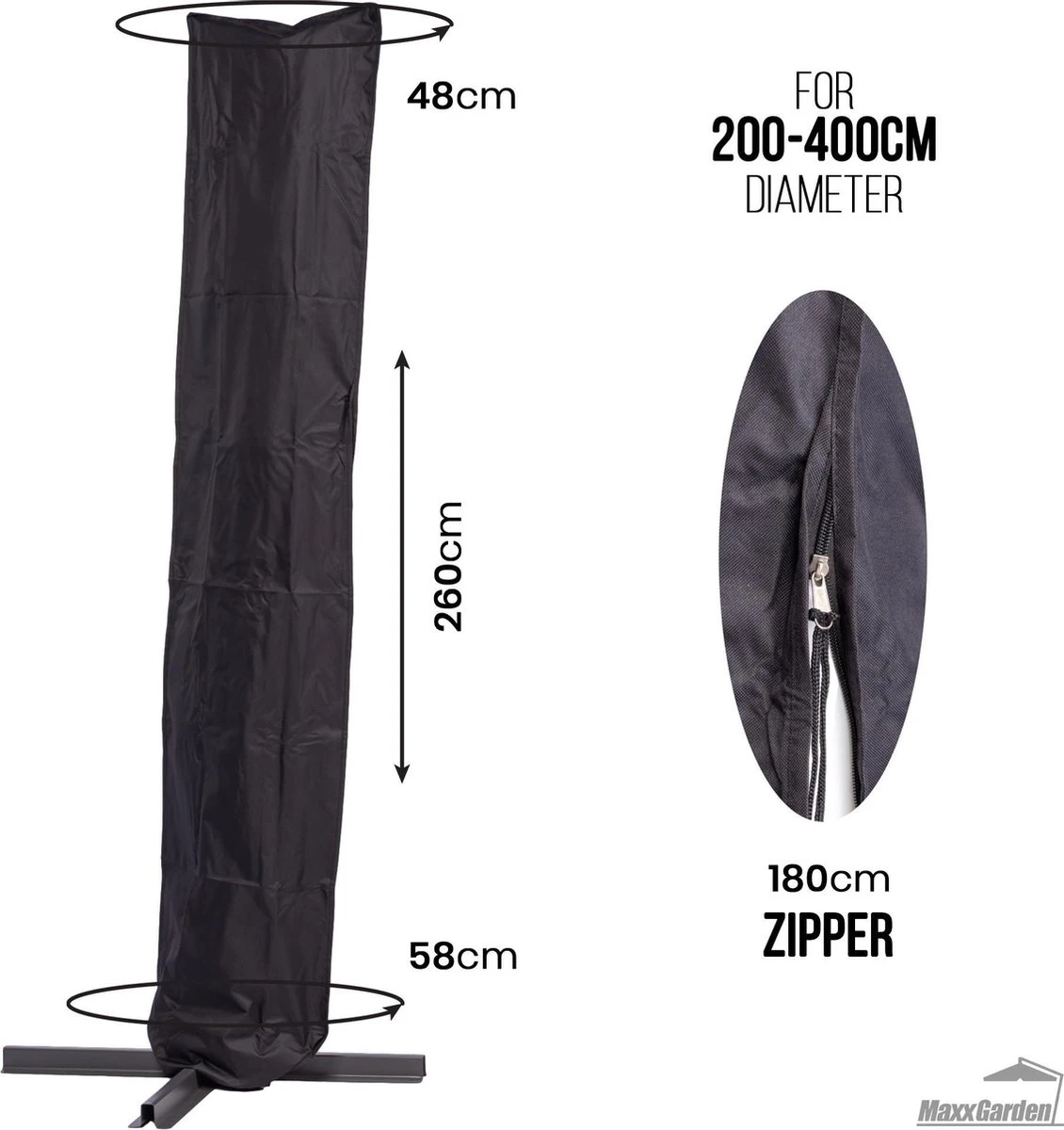 MaxxGarden Parasolhoes - Afdekhoes Voor Zweefparasol - Beschermhoes - 200-400 Cm - Met Rits En Trekkoord - Zwart - Image 8
