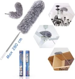 Fain® Plumeau Met Telescoopsteel – Grijs – 80 Tot 280 Cm - Uitschuifbaar – Wasbaar - Flexibel 360° Draaibaar – Duster - Microvezel Ragebol