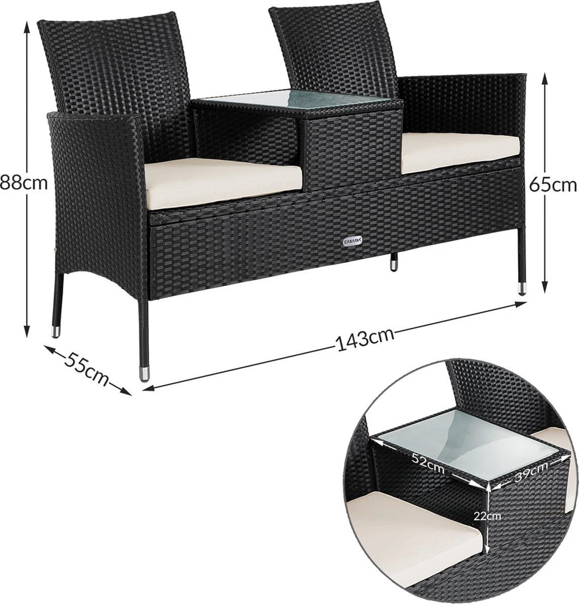 Casaria Polyrattan Tuinbank - Incl. Kussen - 143x55x88 Cm Zwart - Image 3
