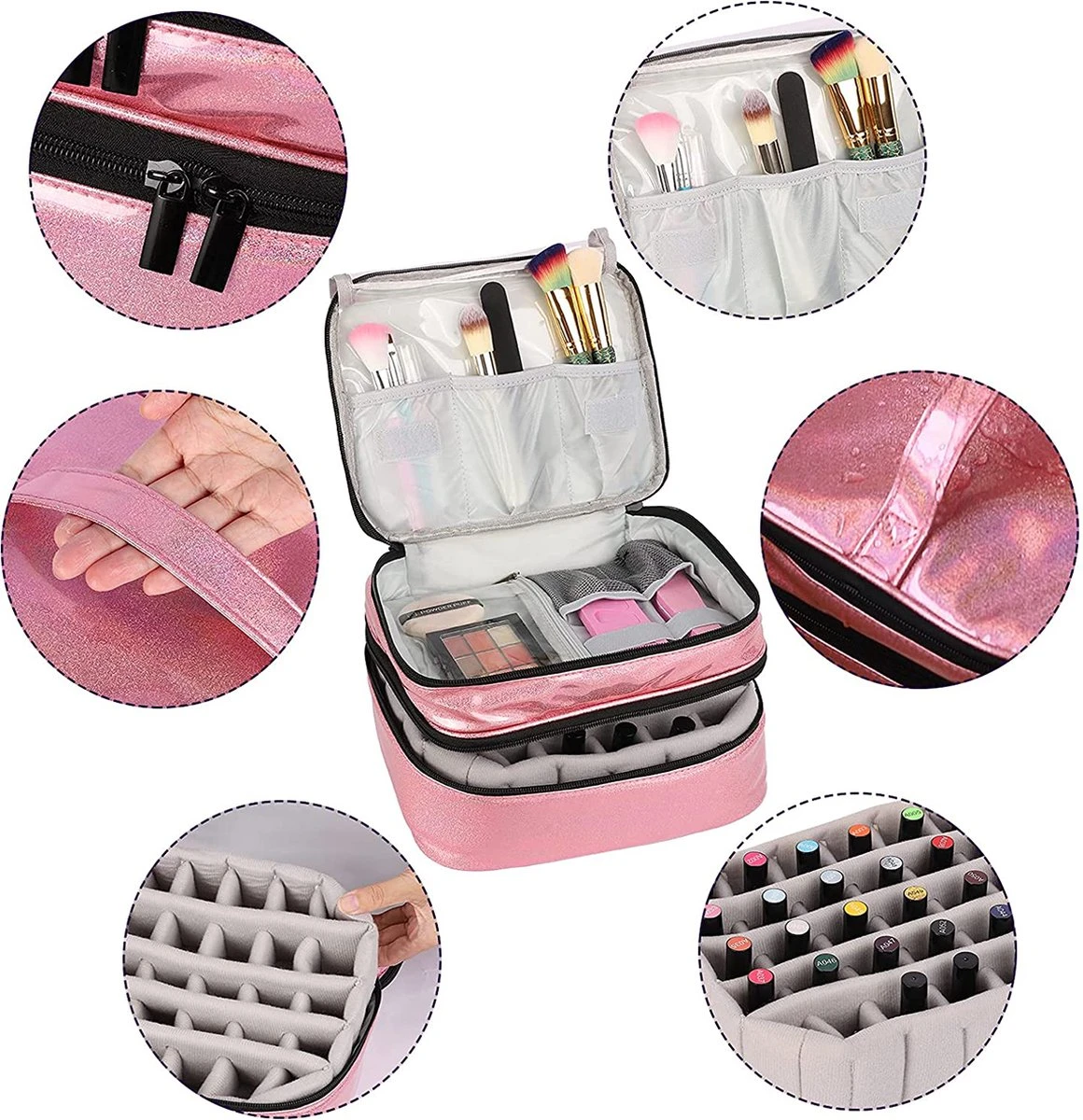 YONO Nagellak Tas - Nagelkoffer Beautycase - Cosmetica Koffer - Manicure Organizer - Roze - Image 4
