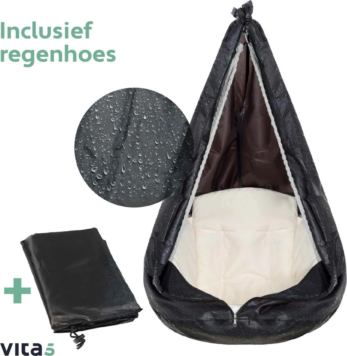 Vita5 Macramé Hangstoel - Voor Binnen En Buiten - Zonder Standaard - Incl. Kussen, Boekenvak En Beschermhoes - Tot 150kg - Beige - Image 10