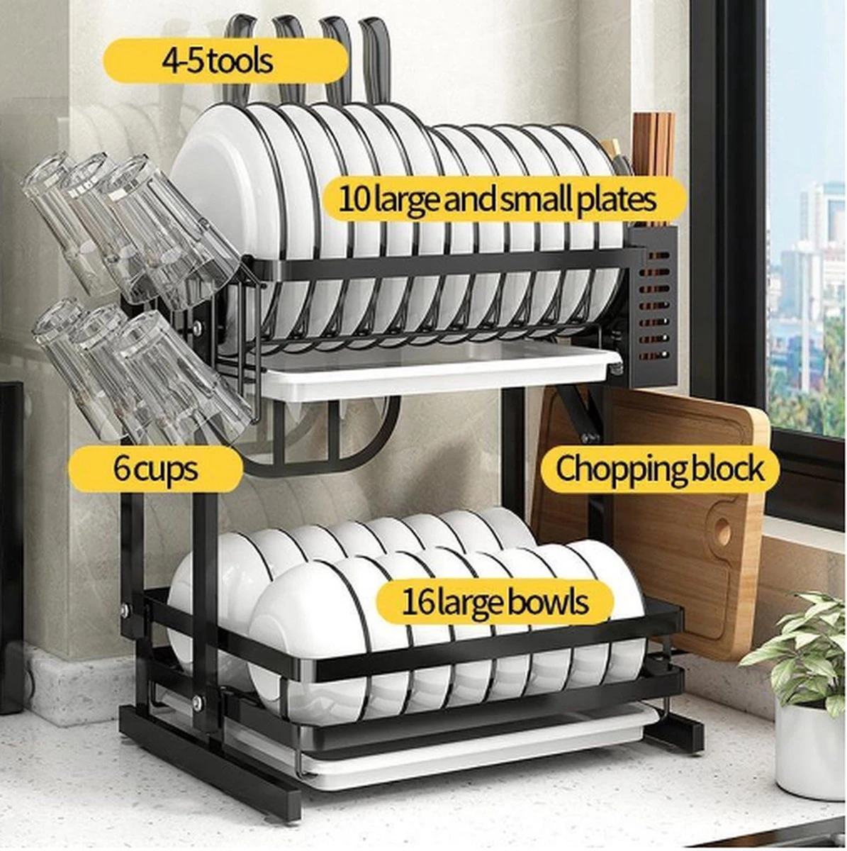 Doogo® Afdruiprek Met Lekbak 2 Laags – Inklapbaar - Muur Hangen Mogelijke - Afwasrek – Met 2 Lekbakken – Extra Accessories Voor Servies En Snijplanken - RVS - Image 9