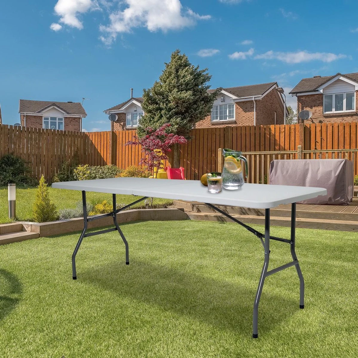 LifeGoods Klaptafel - Inklapbaar - 70x180cm - Verstelbare Vouwtafel - Weerbestendig - Wit - Image 7