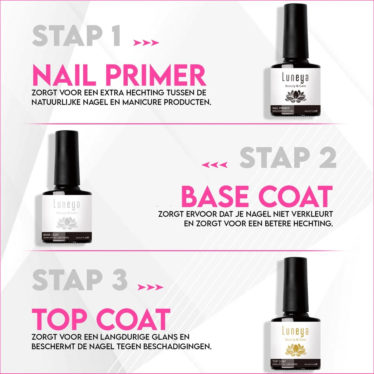 Luneya Gellak - Starterspakket - Primer - Base Coat - Top Coat - LED Lamp Gel Nagellak - Image 2