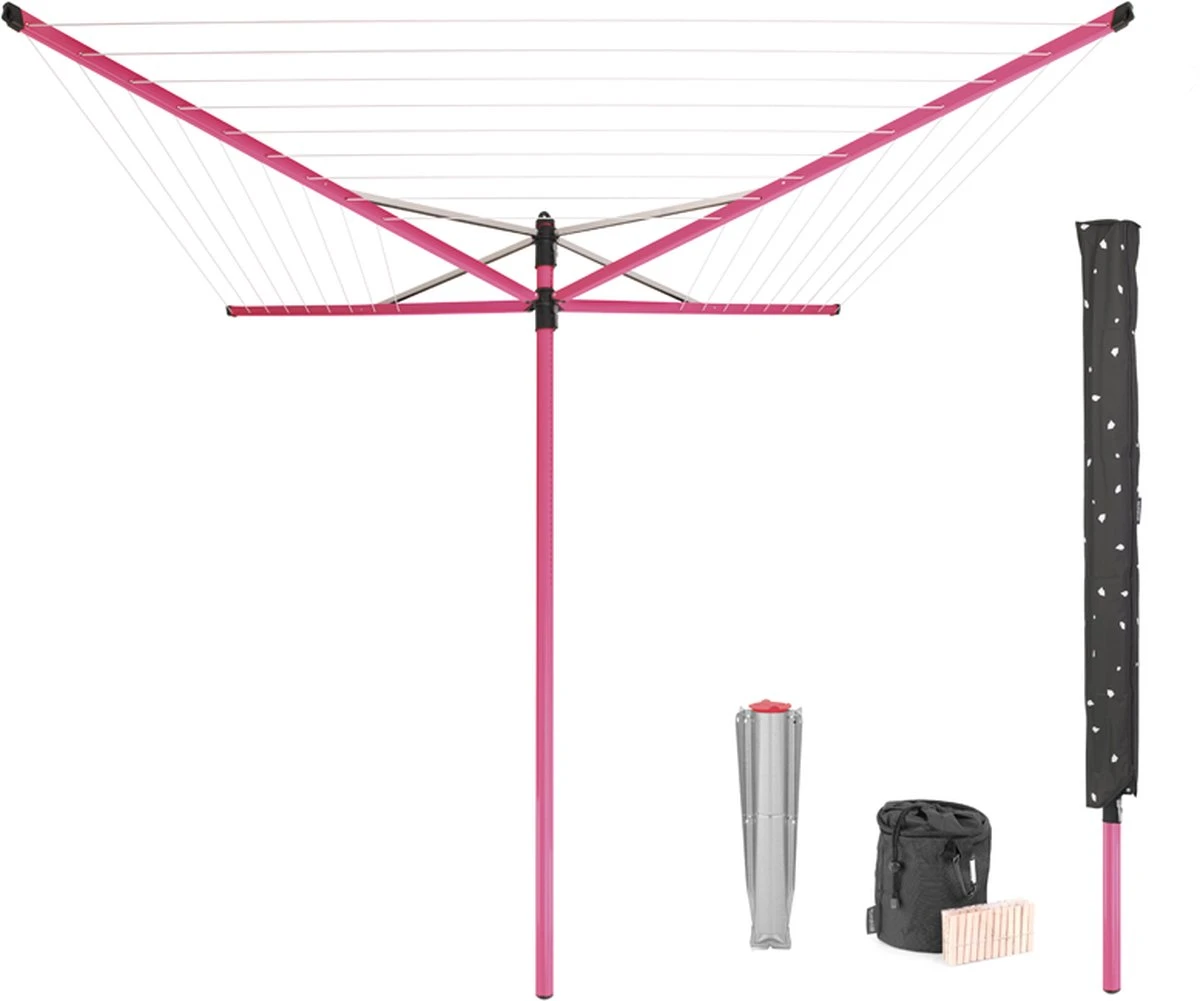 Brabantia Lift-O-Matic Droogmolen Met Metalen Grondanker, Beschermhoes, Wasknijpertasje En Wasknijpers - 50 M - Spring Pink