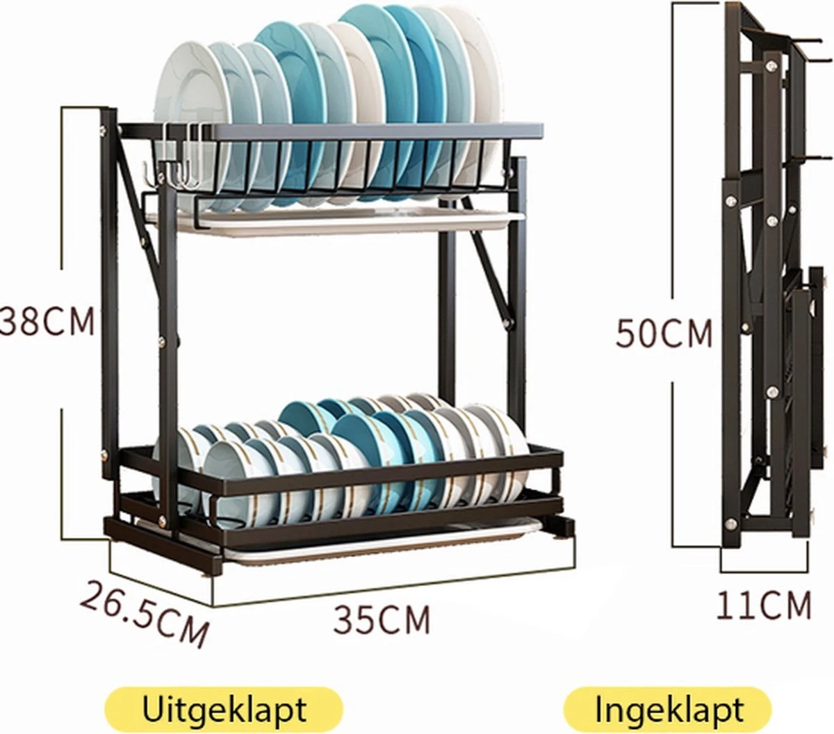 Doogo® Afdruiprek Met Lekbak 2 Laags – Inklapbaar - Muur Hangen Mogelijke - Afwasrek – Met 2 Lekbakken – Extra Accessories Voor Servies En Snijplanken - RVS - Image 4