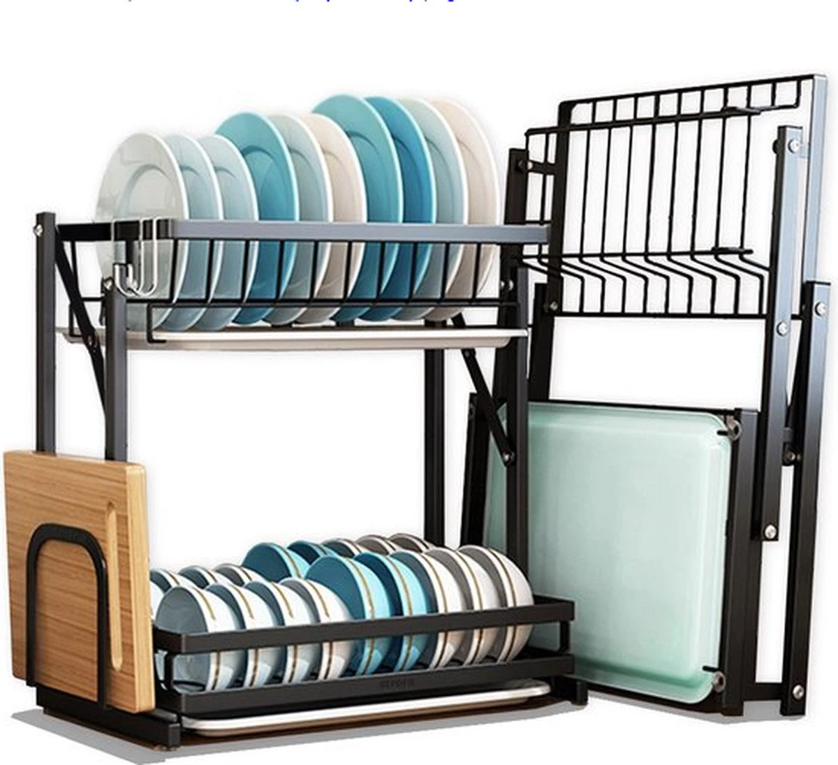 Doogo® Afdruiprek Met Lekbak 2 Laags – Inklapbaar - Muur Hangen Mogelijke - Afwasrek – Met 2 Lekbakken – Extra Accessories Voor Servies En Snijplanken - RVS - Image 5