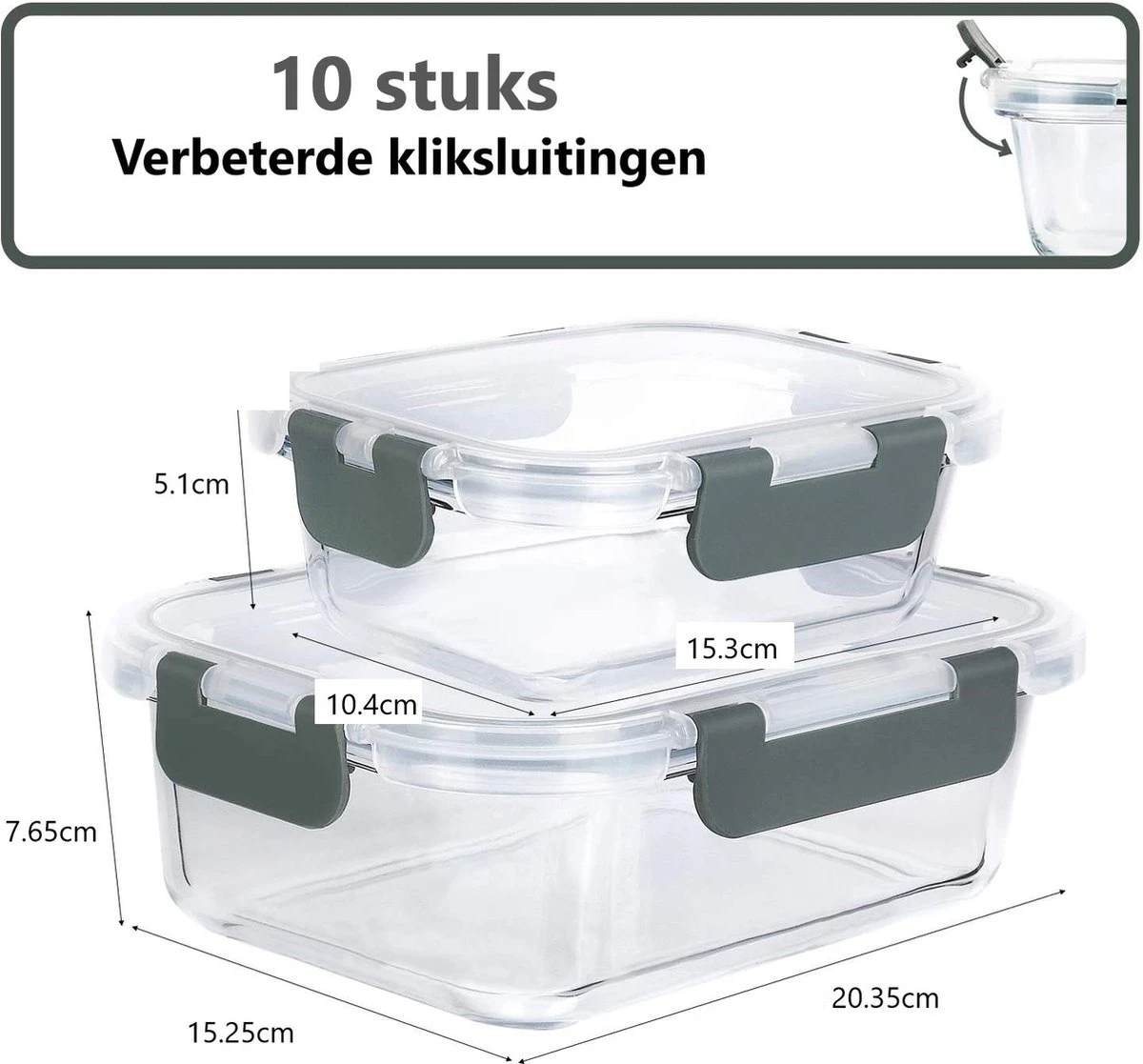 VMCA Glazen Vershoudbakjes Voor Vriezer Oven En Magnetron - 10 Bakjes - Grijs - Image 5