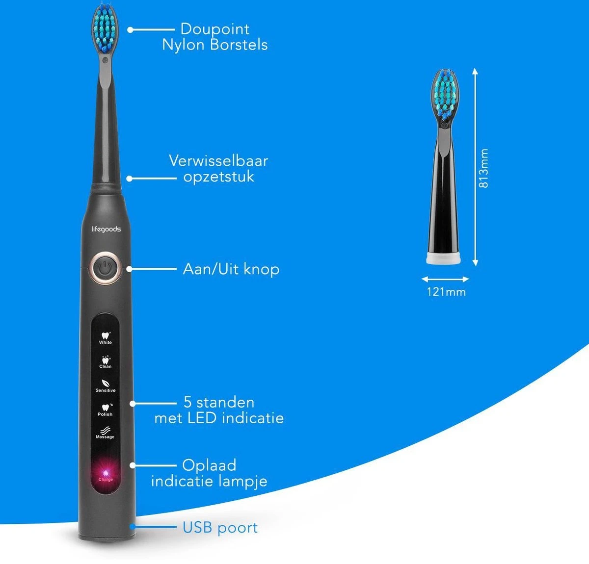 LifeGoods Elektrische Tandenborstel - Oplaadbaar - Veilig Voor Douche - 4 Opzetborstels - Zwart - Image 2