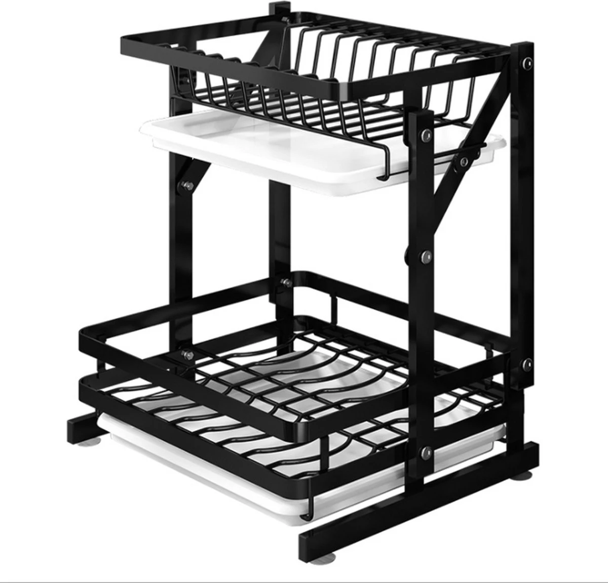 Doogo® Afdruiprek Met Lekbak 2 Laags – Inklapbaar - Muur Hangen Mogelijke - Afwasrek – Met 2 Lekbakken – Extra Accessories Voor Servies En Snijplanken - RVS - Image 2