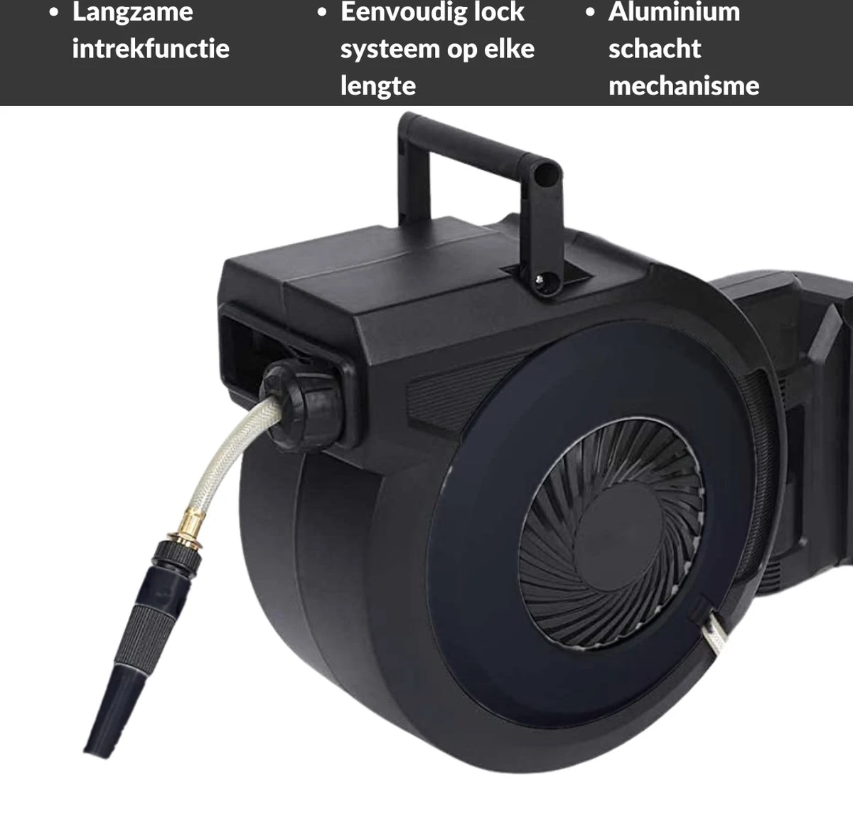 Buxibo - Wandslangenbox 20 Meter + 2 Meter - Tuinslang Met Haspel - 9 Sproei Standen - Slangenhouder 180° Draaibaar - Tuinslanghaspel Zwart+ Gratis Sproeier - Zwart - Image 16