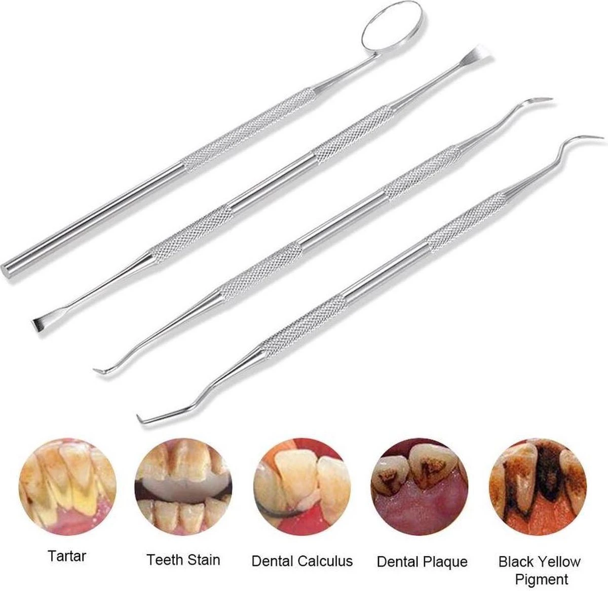 Compleet Tandarts Setje –4 Stuks Tandsteenhaakje – Tandartshaakje - Mondspiegel – Tandarts Gereedschap – Mondverzorging – Stainless Steel - Image 6