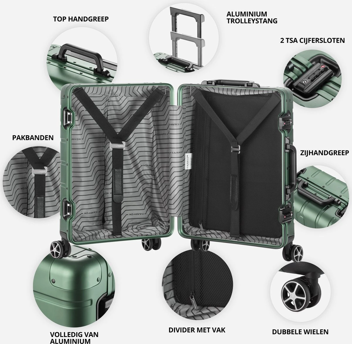 CarryOn ULD Handbagage - Luxe Aluminium Trolley 55cm - Dubbel TSA Slot - Dubbele Wielen - Groen - Image 2