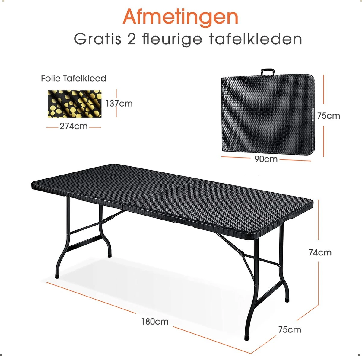 Lenx Klaptafel - Inklapbare Tafel - Opvouwbare Tuintafel - Vouwtafel - Inclusief Handvat En 2 Tafelkleden - 180x75x74cm - 6 Tot 8 Personen - Image 5