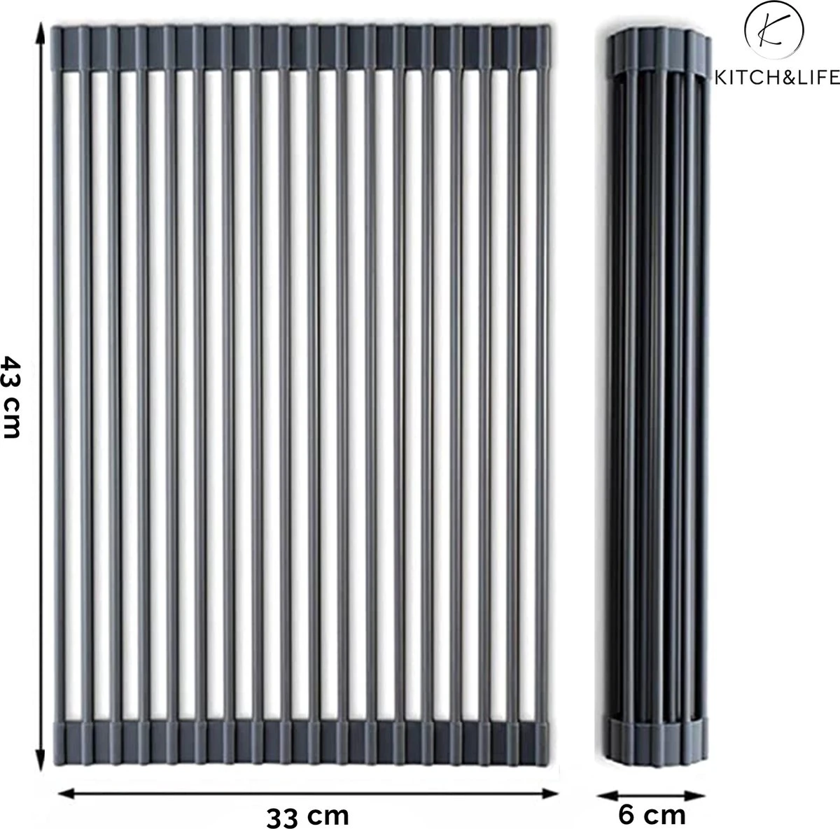 Kitch&Life Afdruiprek Oprolbaar - Mat Zwart - Pannenonderzetter - Afdruipmat - Keukenrek 3-in-1 - Image 6