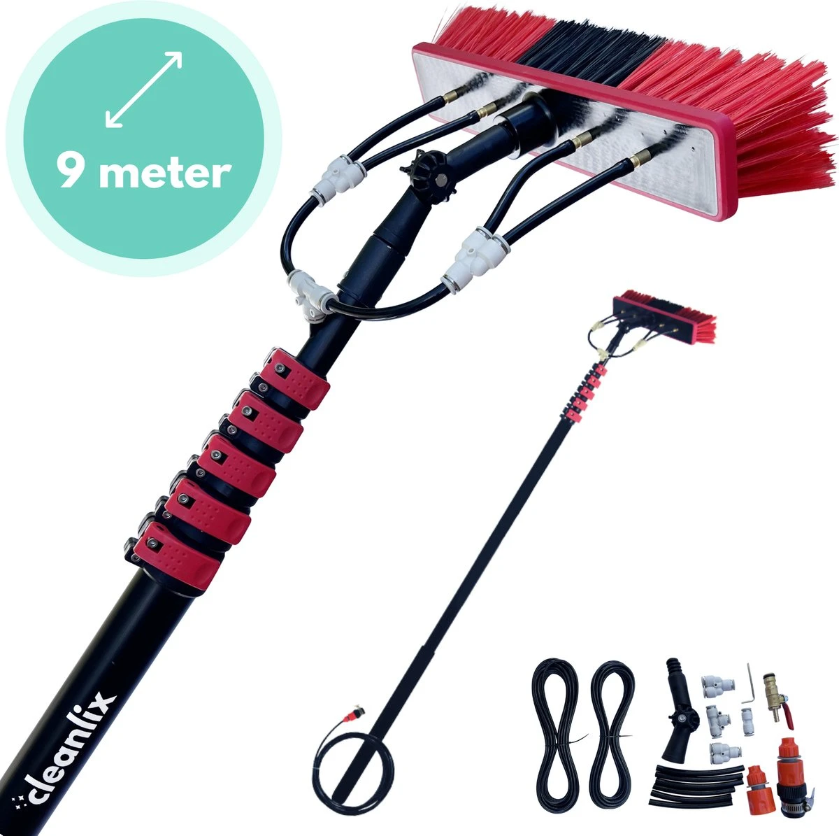 Cleanlix Telescoopsteel Met Borstel - Met Waterdoorvoer - Telescopische Wasborstel - Ramenwassen - Uitschuifbaar Tot 9 Meter