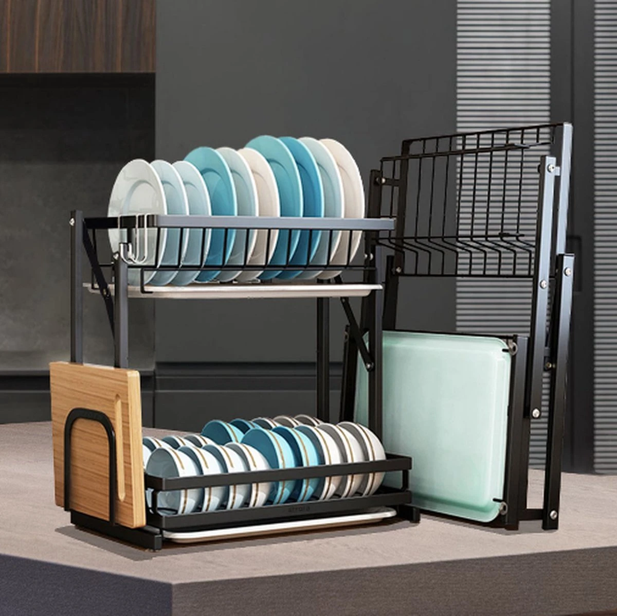 Doogo® Afdruiprek Met Lekbak 2 Laags – Inklapbaar - Muur Hangen Mogelijke - Afwasrek – Met 2 Lekbakken – Extra Accessories Voor Servies En Snijplanken - RVS - Image 10