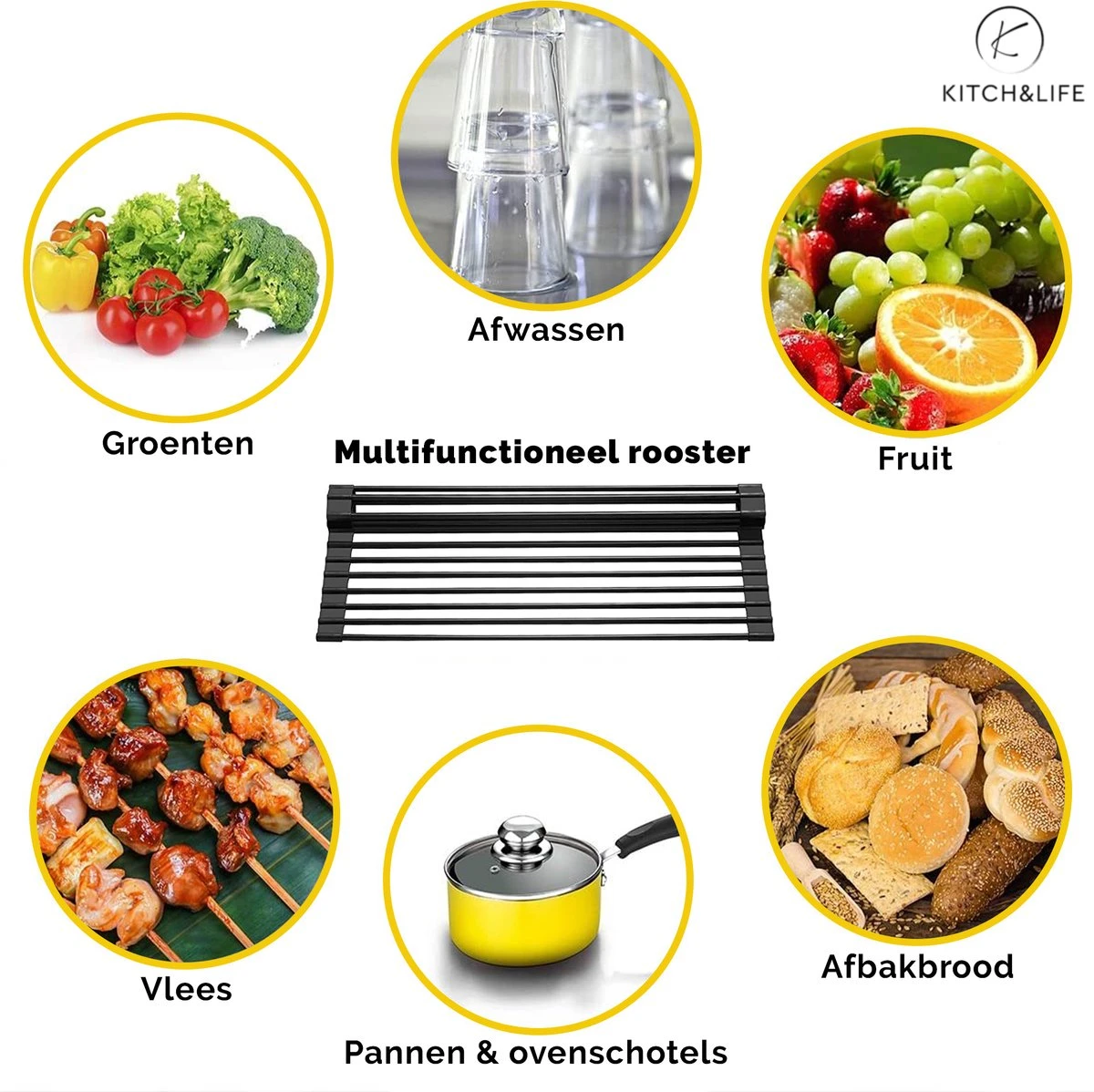 Kitch&Life Afdruiprek Oprolbaar - Mat Zwart - Pannenonderzetter - Afdruipmat - Keukenrek 3-in-1 - Image 2