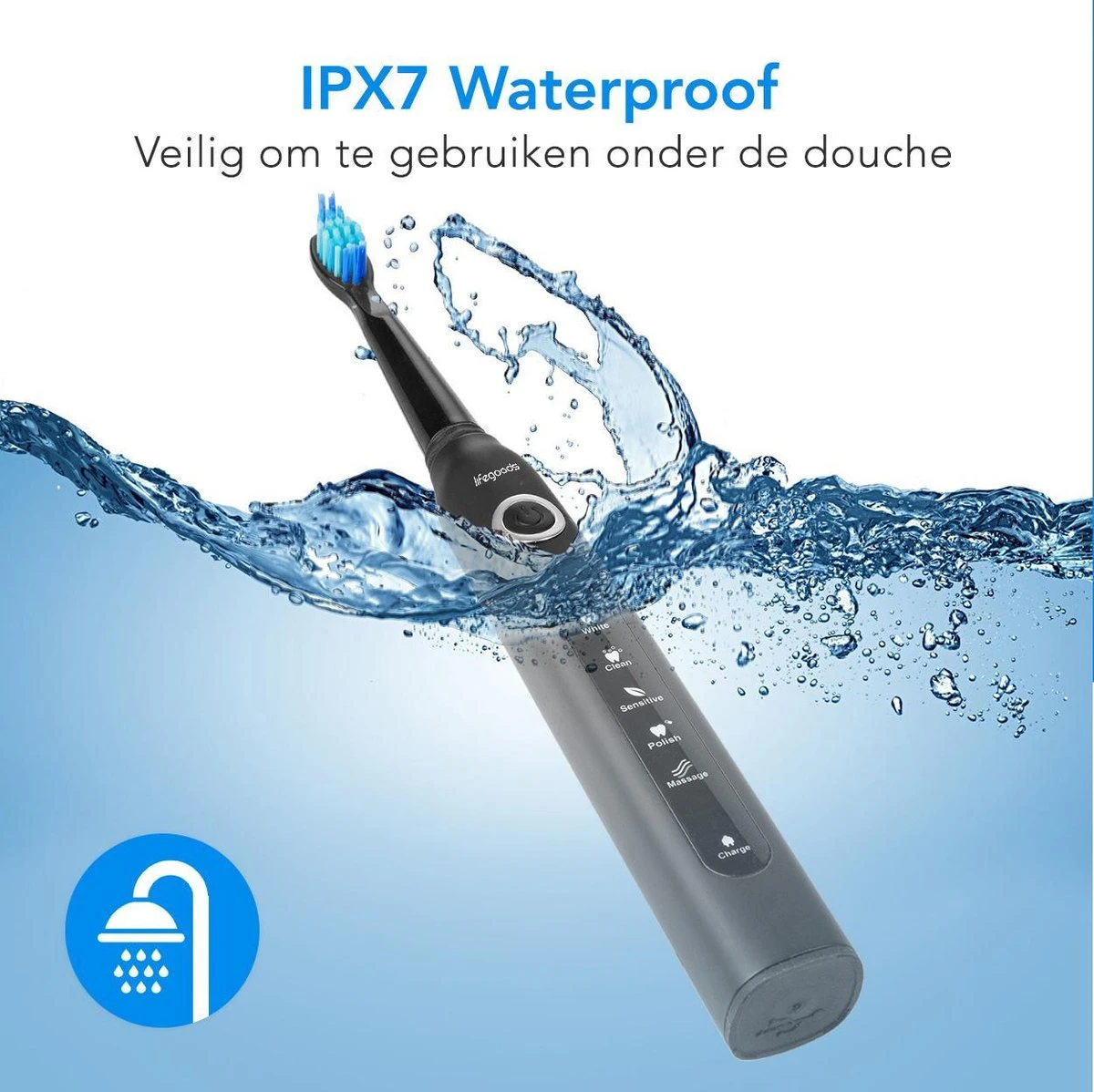 LifeGoods Elektrische Tandenborstel - Oplaadbaar - Veilig Voor Douche - 4 Opzetborstels - Zwart - Image 6