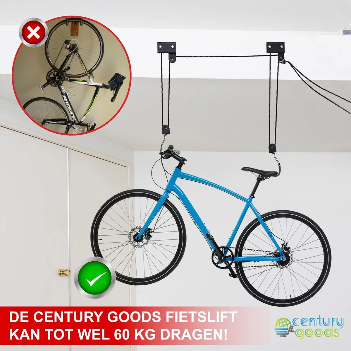 Century Goods Fietslift - Fietstakel - Fiets Ophangsysteem - Met Valbeveiliging | 60 Kg Draagkracht - Image 3