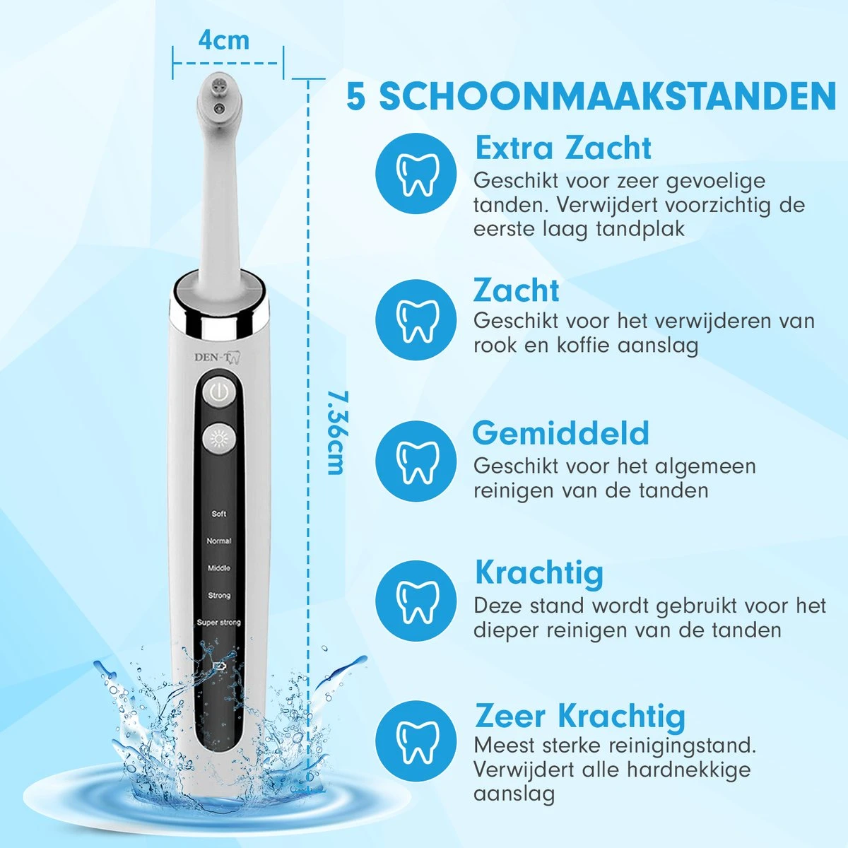 DEN-T® PRO P350 Elektrische Tandenpolijster - Wit - 5 Standen - 5 Opzetstukken - Polijstmachine - Polijstset - Tanden Polijsten - - Image 2