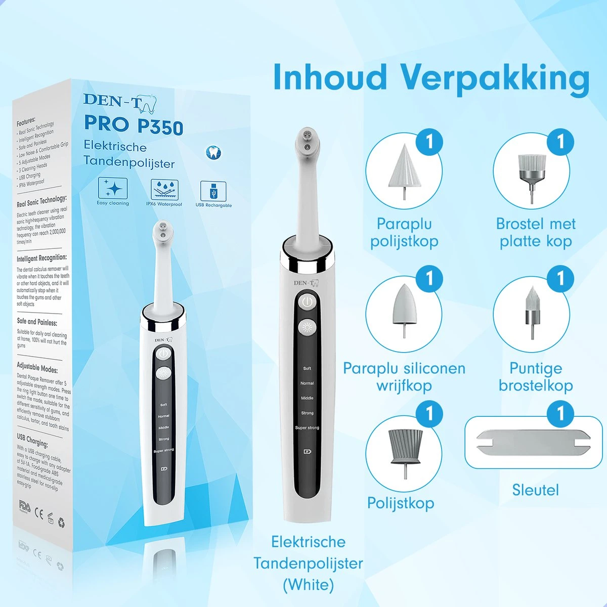 DEN-T® PRO P350 Elektrische Tandenpolijster - Wit - 5 Standen - 5 Opzetstukken - Polijstmachine - Polijstset - Tanden Polijsten - - Image 7