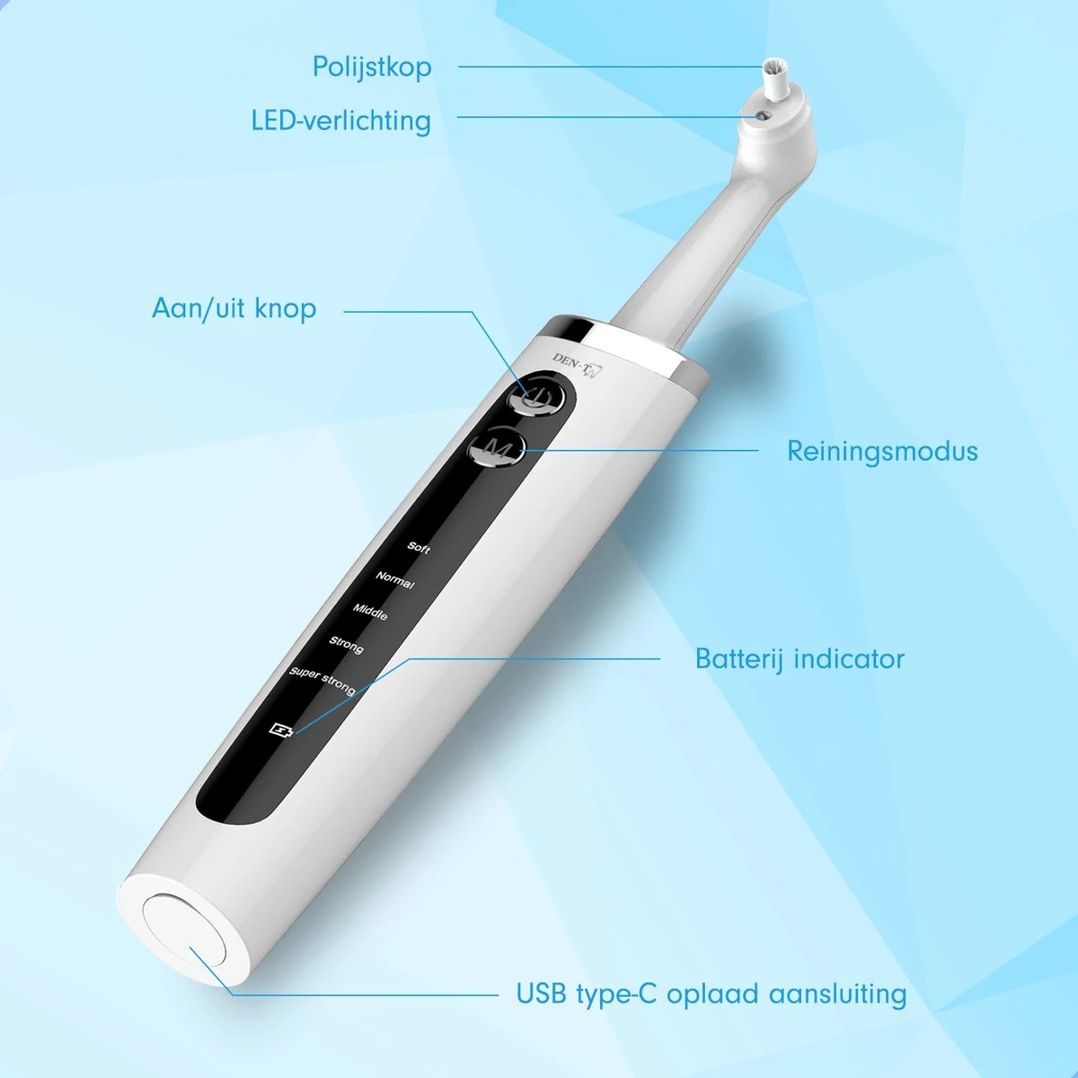DEN-T® PRO P350 Elektrische Tandenpolijster - Wit - 5 Standen - 5 Opzetstukken - Polijstmachine - Polijstset - Tanden Polijsten - - Image 8