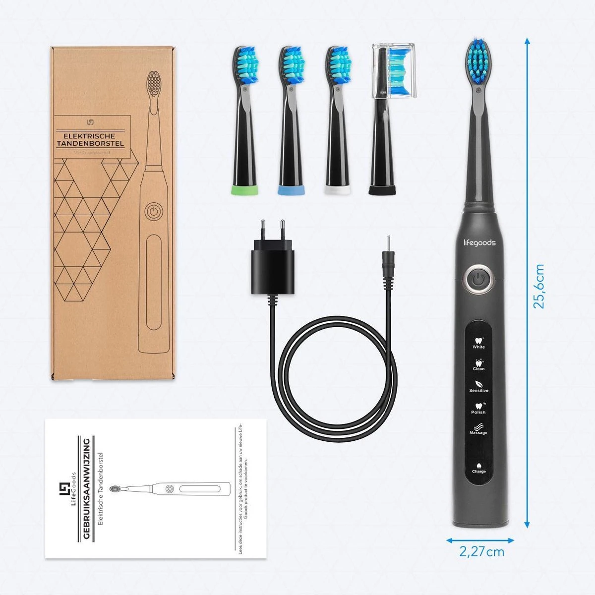 LifeGoods Elektrische Tandenborstel - Oplaadbaar - Veilig Voor Douche - 4 Opzetborstels - Zwart - Image 3