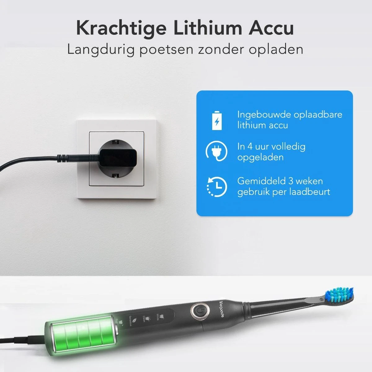LifeGoods Elektrische Tandenborstel - Oplaadbaar - Veilig Voor Douche - 4 Opzetborstels - Zwart - Image 5