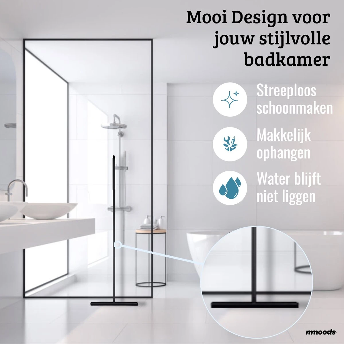 Mmoods Luxe Vloertrekker Zwart - Vloerwisser Met Steel Badkamer - Watertrekker Douche - Douchewisser Ophangen - Image 4