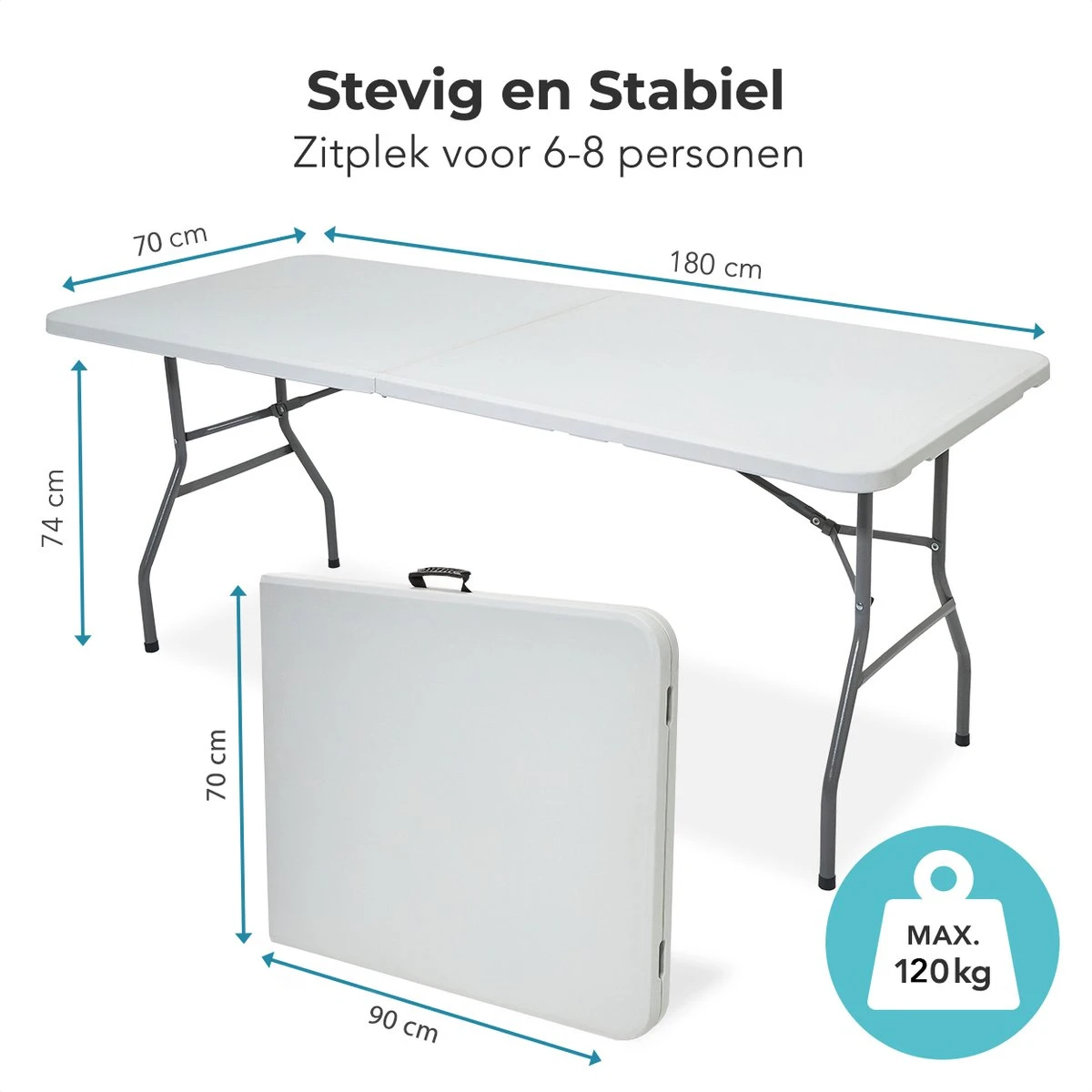 LifeGoods Klaptafel - Inklapbaar - 70x180cm - Verstelbare Vouwtafel - Weerbestendig - Wit - Image 8