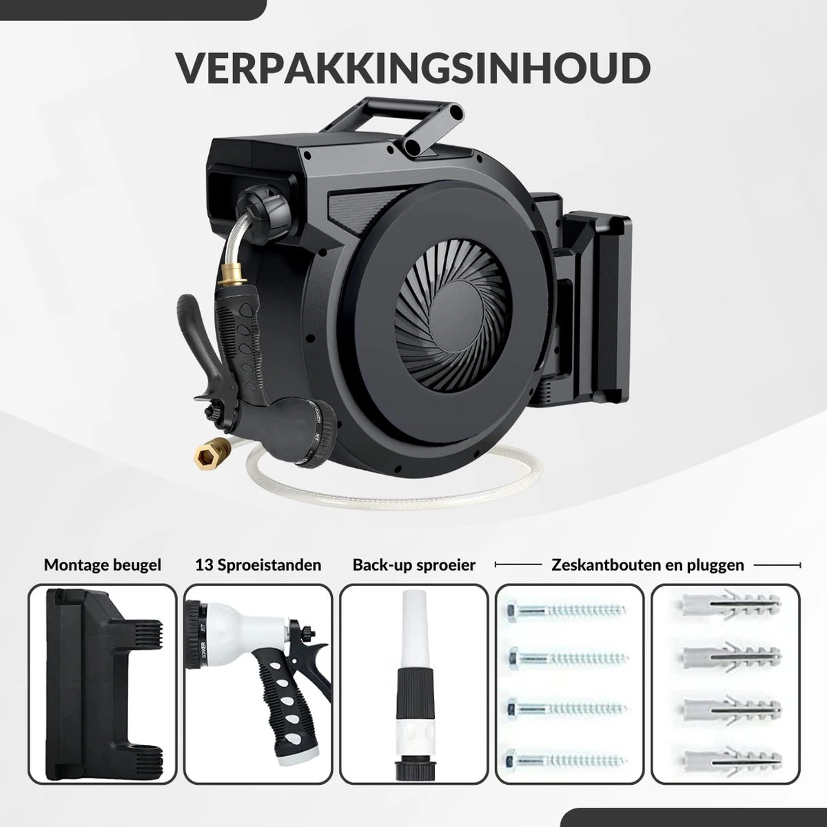 Buxibo - Wandslangenbox 20 Meter + 2 Meter - Tuinslang Met Haspel - 9 Sproei Standen - Slangenhouder 180° Draaibaar - Tuinslanghaspel Zwart+ Gratis Sproeier - Zwart - Image 5