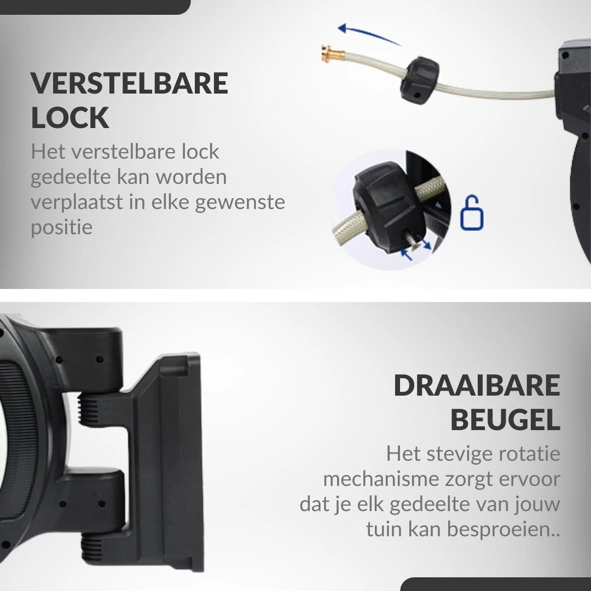 Buxibo - Wandslangenbox 20 Meter + 2 Meter - Tuinslang Met Haspel - 9 Sproei Standen - Slangenhouder 180° Draaibaar - Tuinslanghaspel Zwart+ Gratis Sproeier - Zwart - Image 10