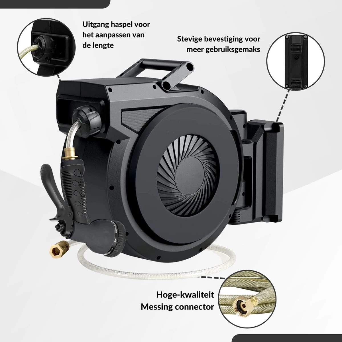 Buxibo - Wandslangenbox 20 Meter + 2 Meter - Tuinslang Met Haspel - 9 Sproei Standen - Slangenhouder 180° Draaibaar - Tuinslanghaspel Zwart+ Gratis Sproeier - Zwart - Image 12