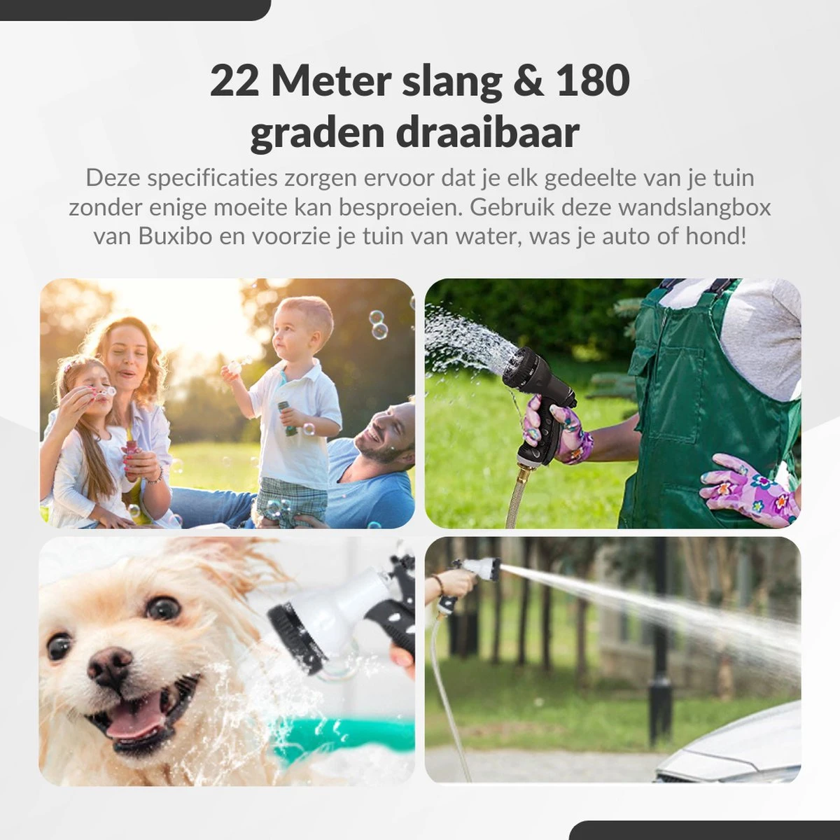 Buxibo - Wandslangenbox 20 Meter + 2 Meter - Tuinslang Met Haspel - 9 Sproei Standen - Slangenhouder 180° Draaibaar - Tuinslanghaspel Zwart+ Gratis Sproeier - Zwart - Image 14