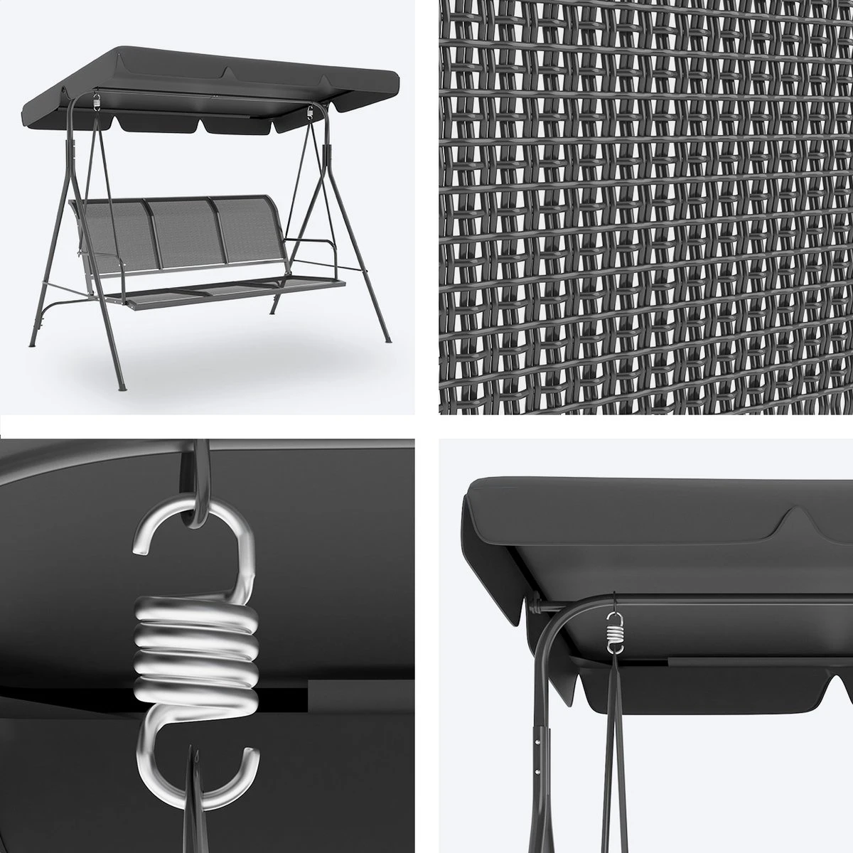 LifeGoods Schommelbank - 3-zits - Tot 250KG - Kantelbaar Dak - UV-bestendig Zonnescherm - 172x104x162cm - Grijs - Image 8