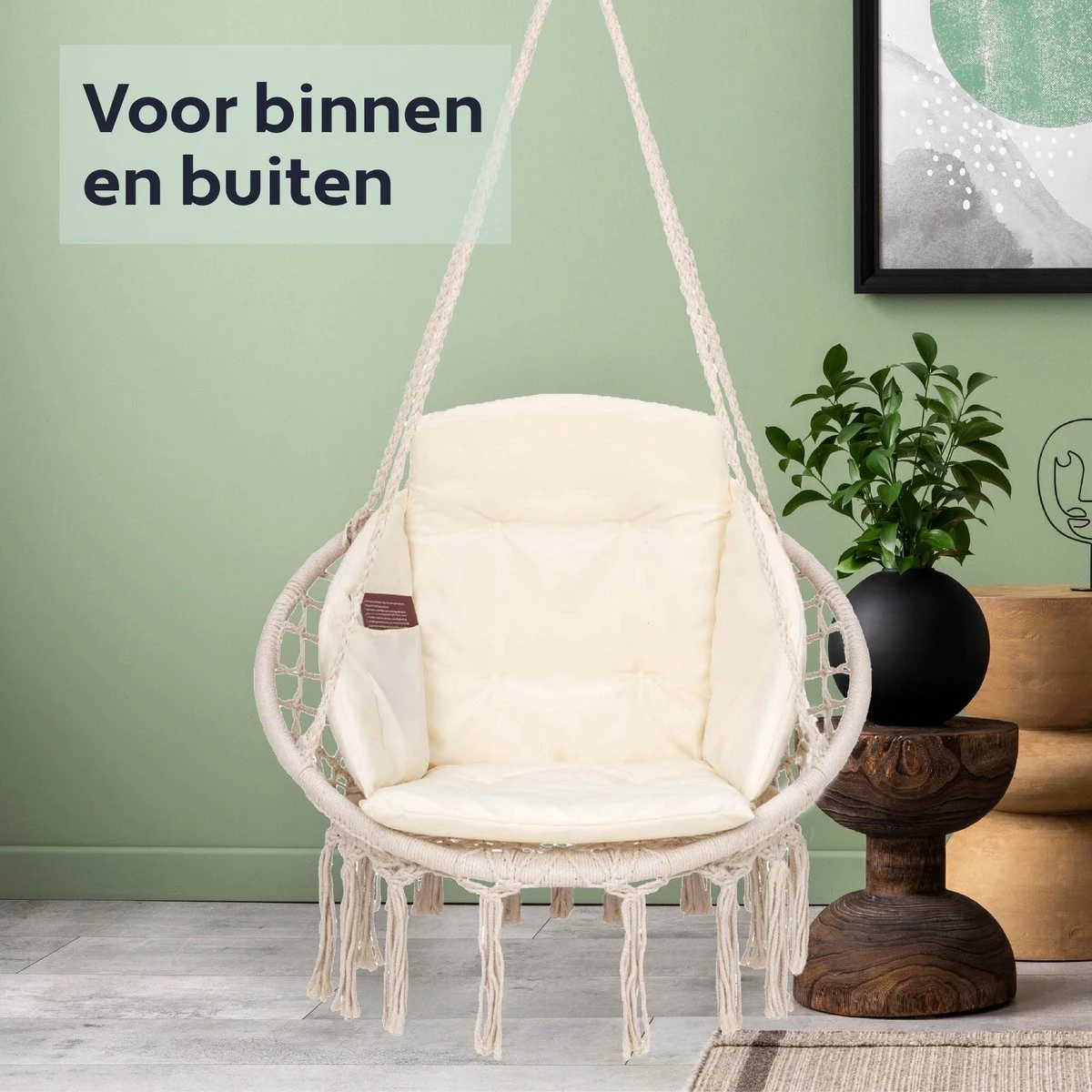 Vita5 Macramé Hangstoel - Voor Binnen En Buiten - Zonder Standaard - Incl. Kussen, Boekenvak En Beschermhoes - Tot 150kg - Beige - Image 6