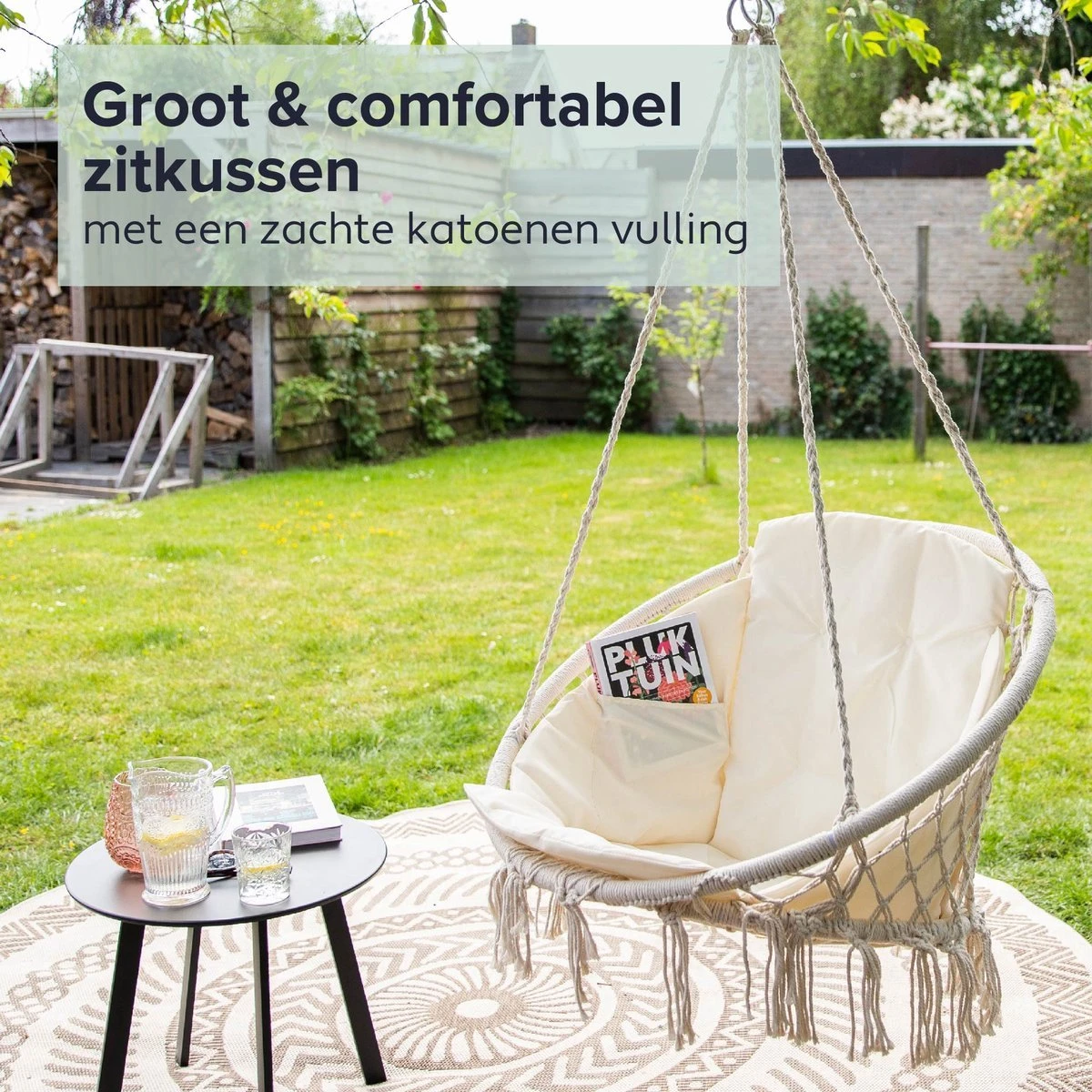 Vita5 Macramé Hangstoel - Voor Binnen En Buiten - Zonder Standaard - Incl. Kussen, Boekenvak En Beschermhoes - Tot 150kg - Beige - Image 7