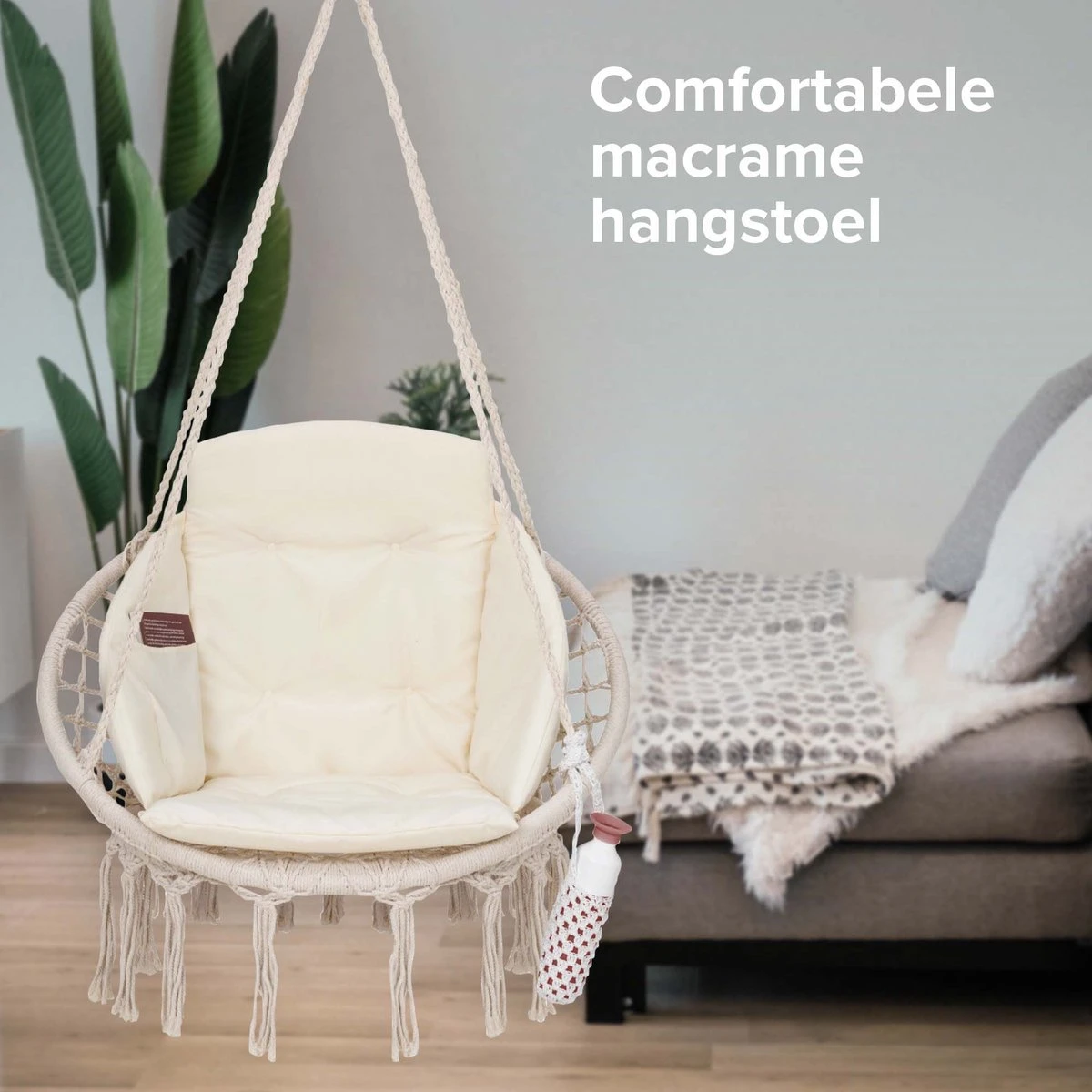 Vita5 Macramé Hangstoel - Voor Binnen En Buiten - Zonder Standaard - Incl. Kussen, Boekenvak En Beschermhoes - Tot 150kg - Beige - Image 8