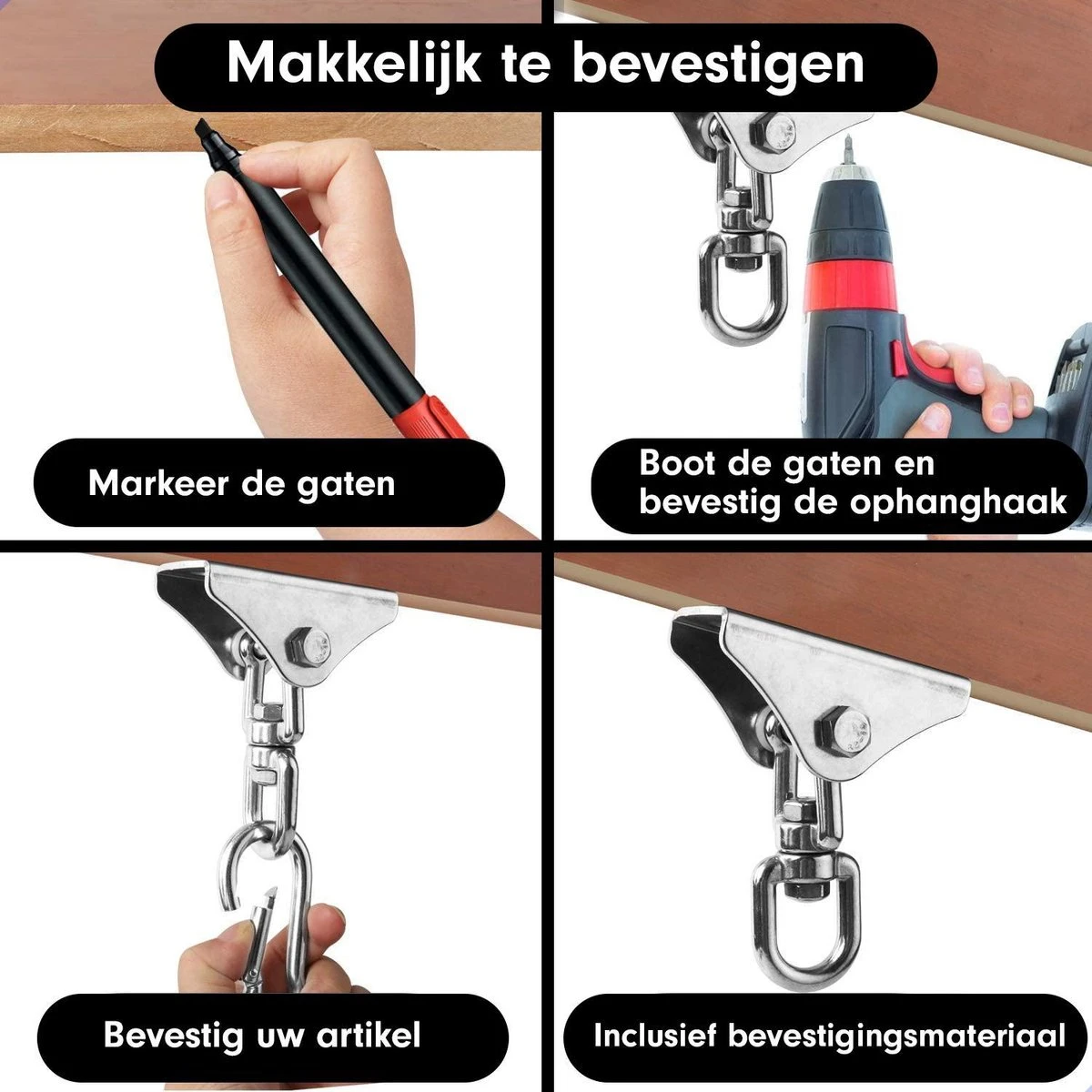 Luxe Ophangsysteem - 180° Schommelen, 360° Roteerbaar - Plafondhaak - Ophanghaak - Hangstoel Buiten - Hangstoel Binnen – Schommelstoel - Schommel - Bokszakken - RVS - Nederlandse Handleiding - - Image 2