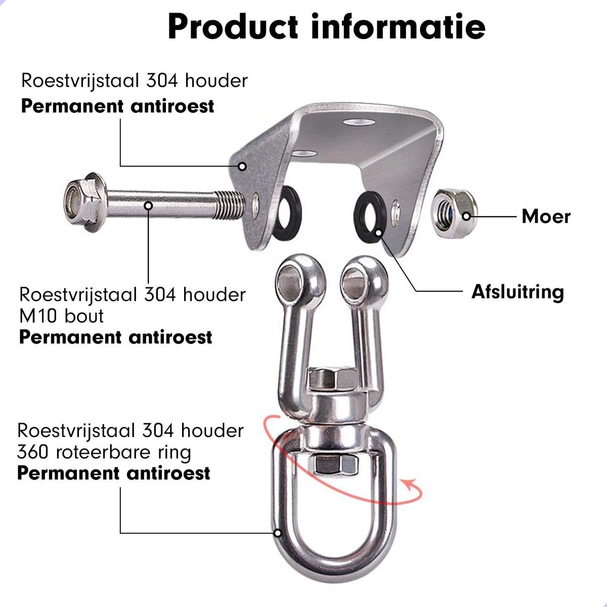 Luxe Ophangsysteem - 180° Schommelen, 360° Roteerbaar - Plafondhaak - Ophanghaak - Hangstoel Buiten - Hangstoel Binnen – Schommelstoel - Schommel - Bokszakken - RVS - Nederlandse Handleiding - - Image 9