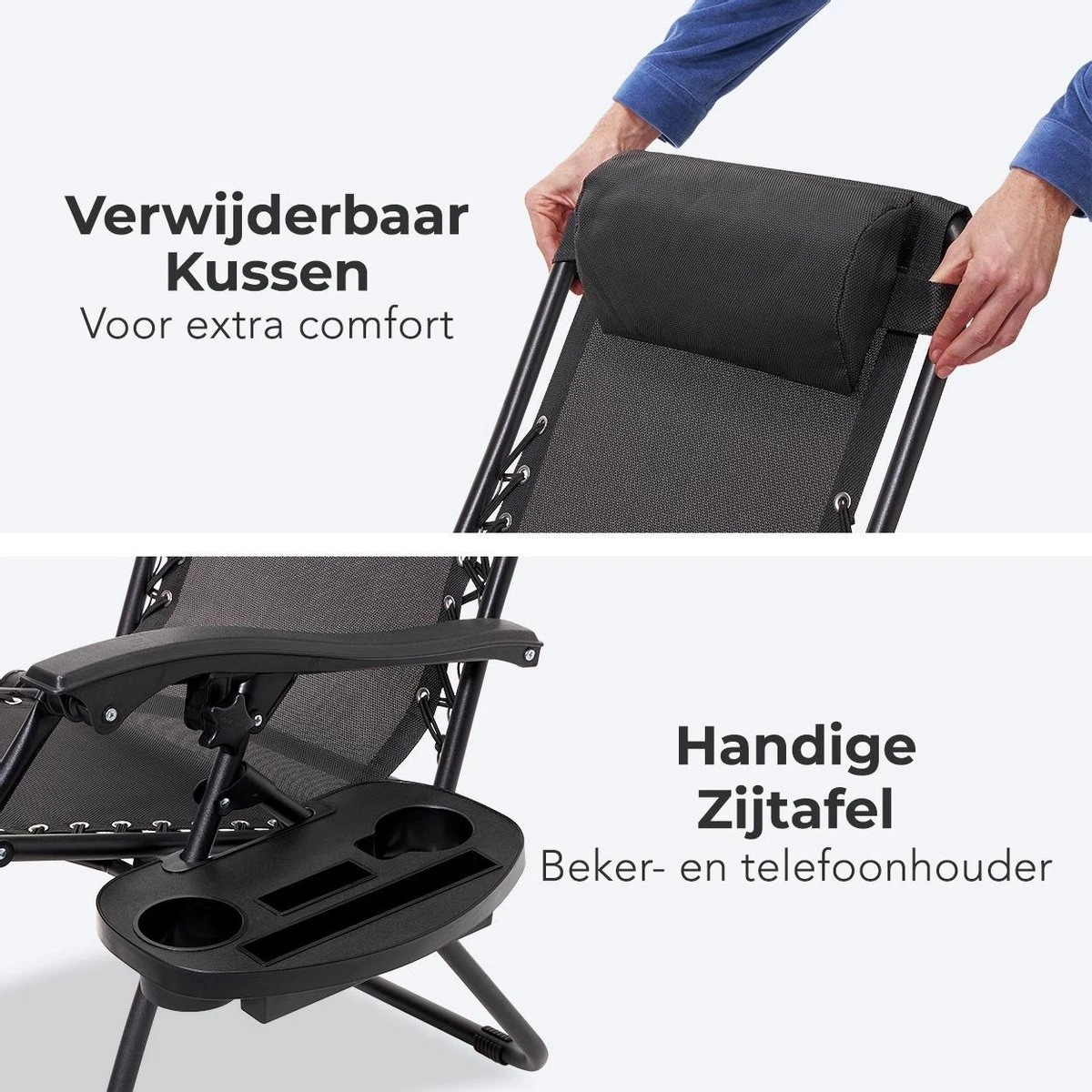 LifeGoods Opvouwbare Tuinstoelen - Verstelbaar Zonnescherm - 2 Stuks - 30°-90° Verstelbaar - Metaal - Zwart - Image 4