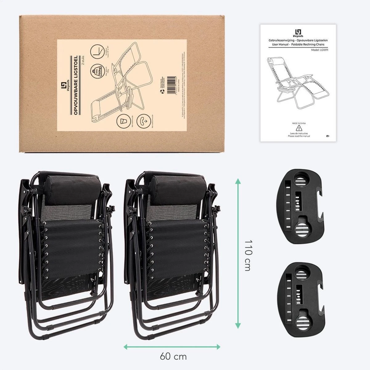 LifeGoods Opvouwbare Tuinstoelen - Verstelbaar Zonnescherm - 2 Stuks - 30°-90° Verstelbaar - Metaal - Zwart - Image 10
