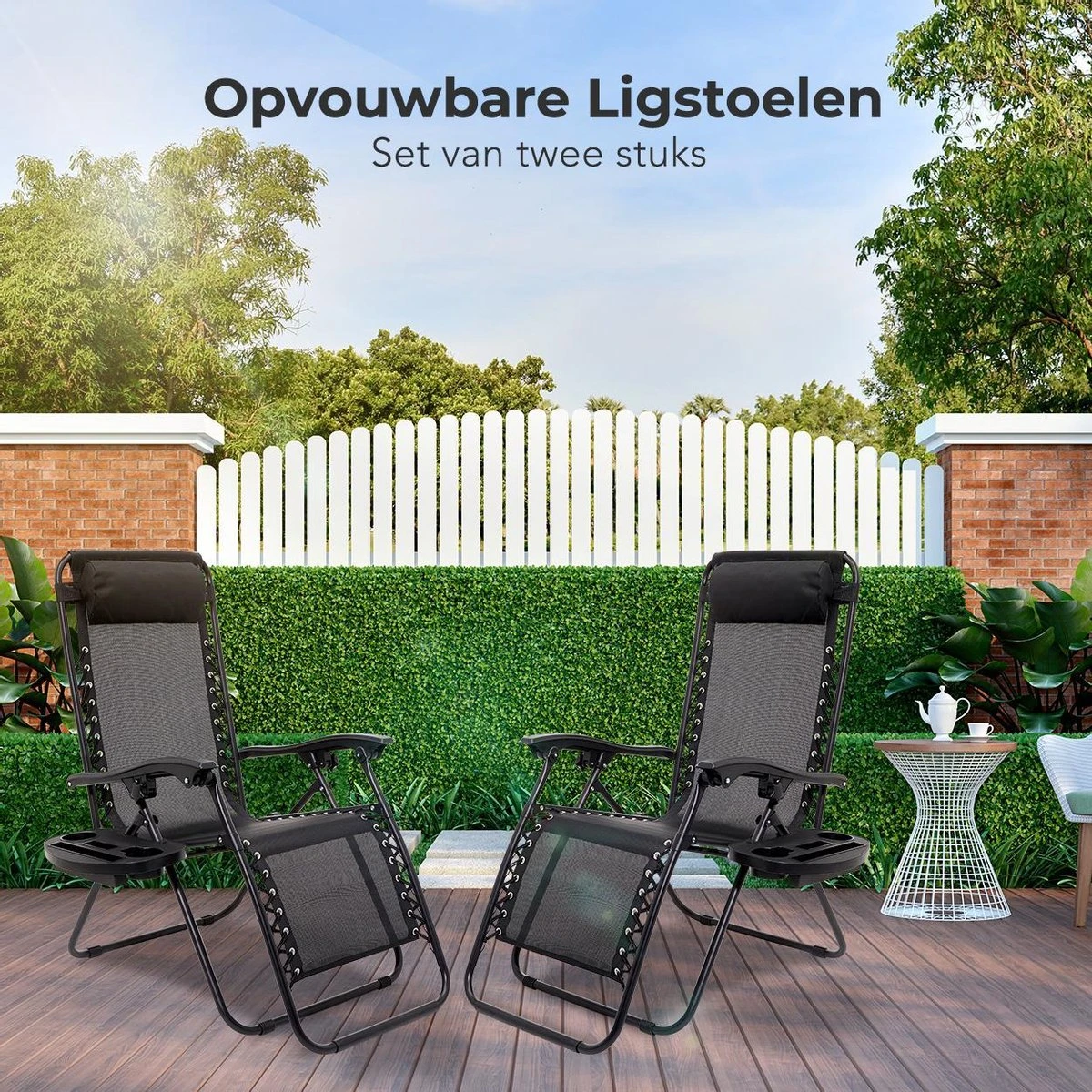 LifeGoods Opvouwbare Tuinstoelen - Verstelbaar Zonnescherm - 2 Stuks - 30°-90° Verstelbaar - Metaal - Zwart - Image 11