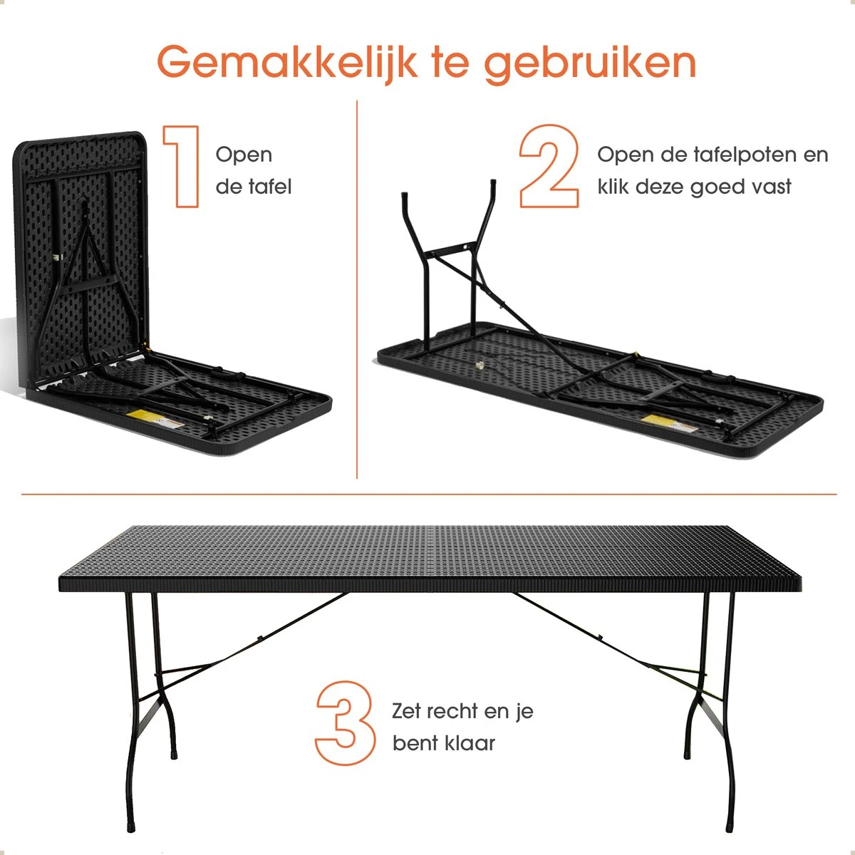 Lenx Klaptafel - Inklapbare Tafel - Opvouwbare Tuintafel - Vouwtafel - Inclusief Handvat En 2 Tafelkleden - 180x75x74cm - 6 Tot 8 Personen - Image 6