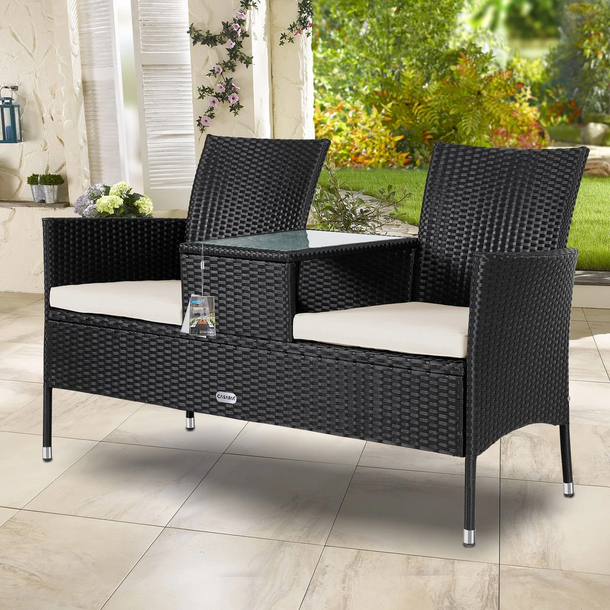 Casaria Polyrattan Tuinbank - Incl. Kussen - 143x55x88 Cm Zwart - Image 5