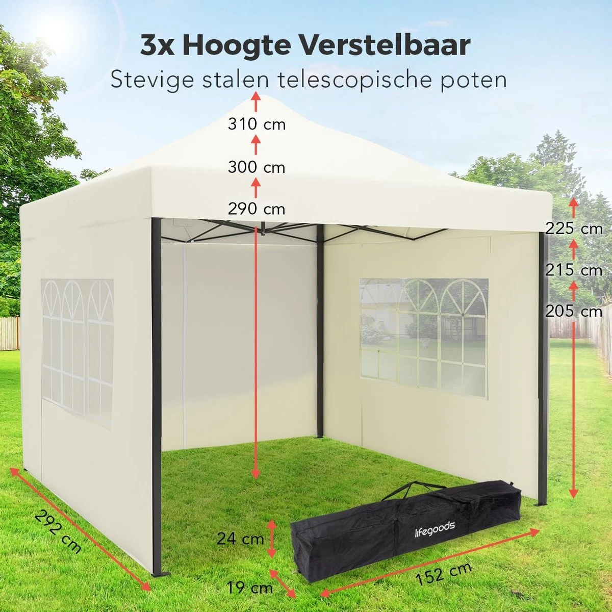 LifeGoods Partytent - 3x3 M - Zijwanden - Easy Up - Opvouwbaar - Waterdicht - Draagtas Met Wieltjes - Beige - Image 3