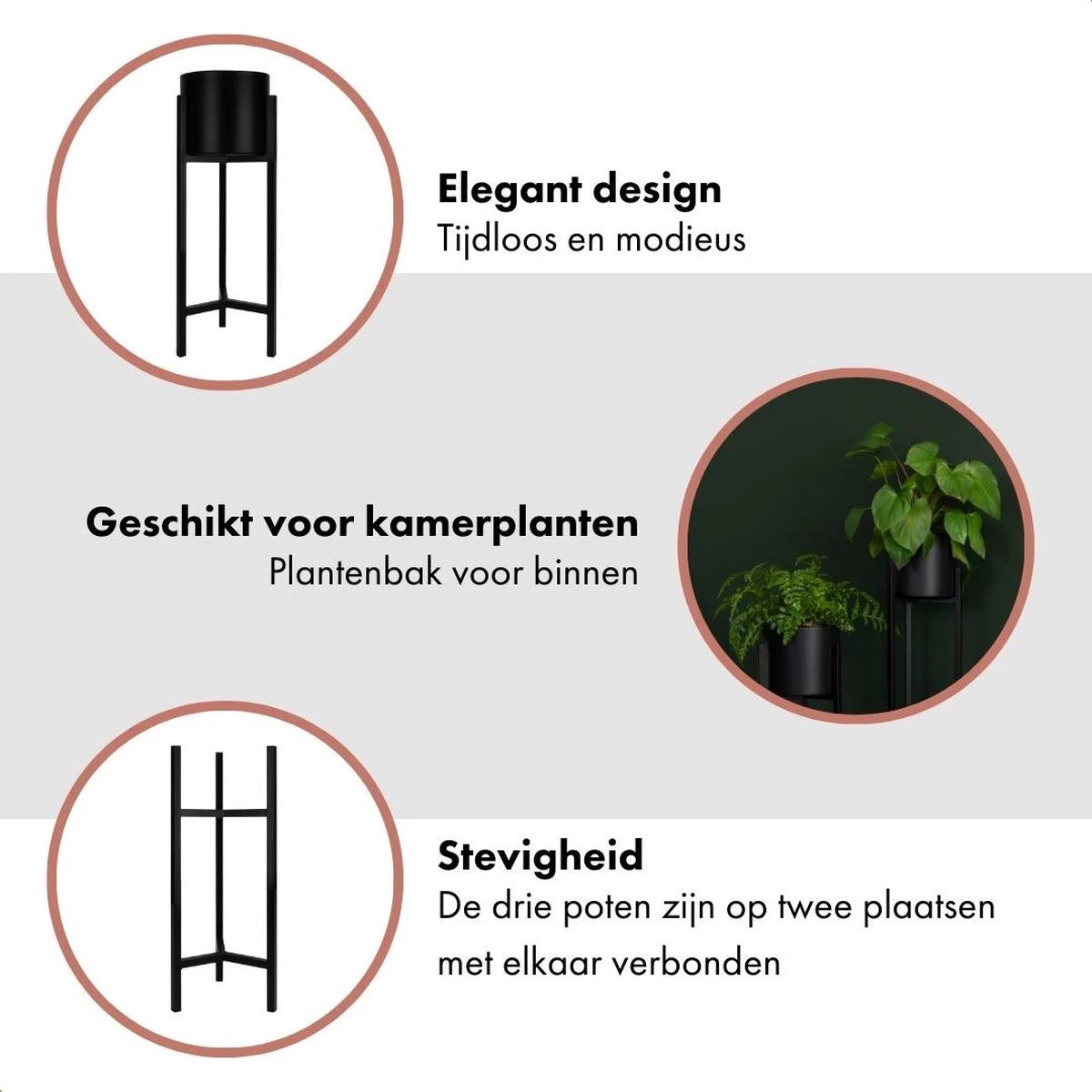 QUVIO Plantenstandaard Binnen - Inclusief Pot - Staande Plantenbak - Metaal - Bloempot - 22 X 22 X 60 Cm - Zwart - Image 4